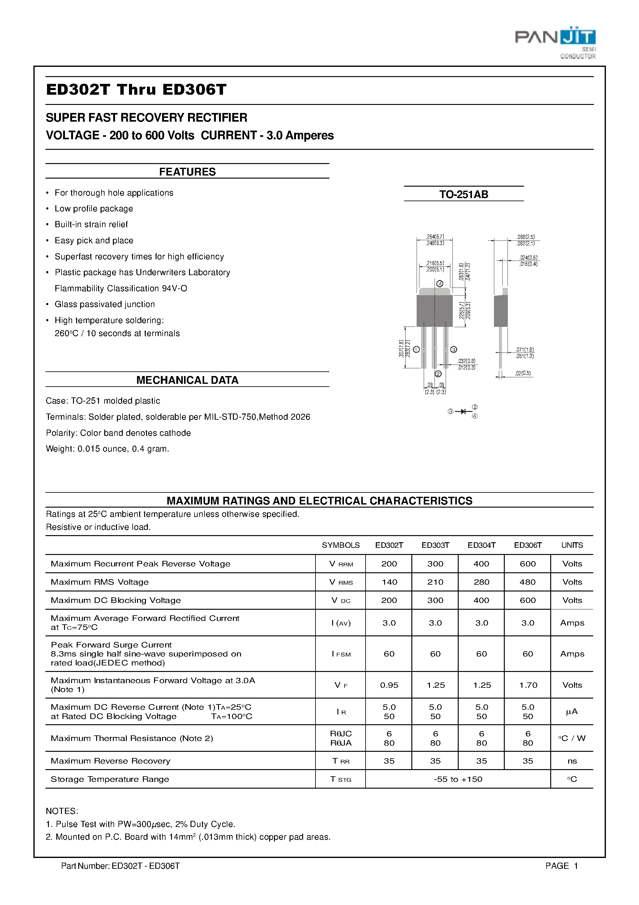Datasheet ED306T - SUPER FAST RECOVERY RECTIFIER(VOLTAGE - 200 to 600 Volts CURRENT - 3.0 Amperes) page 1