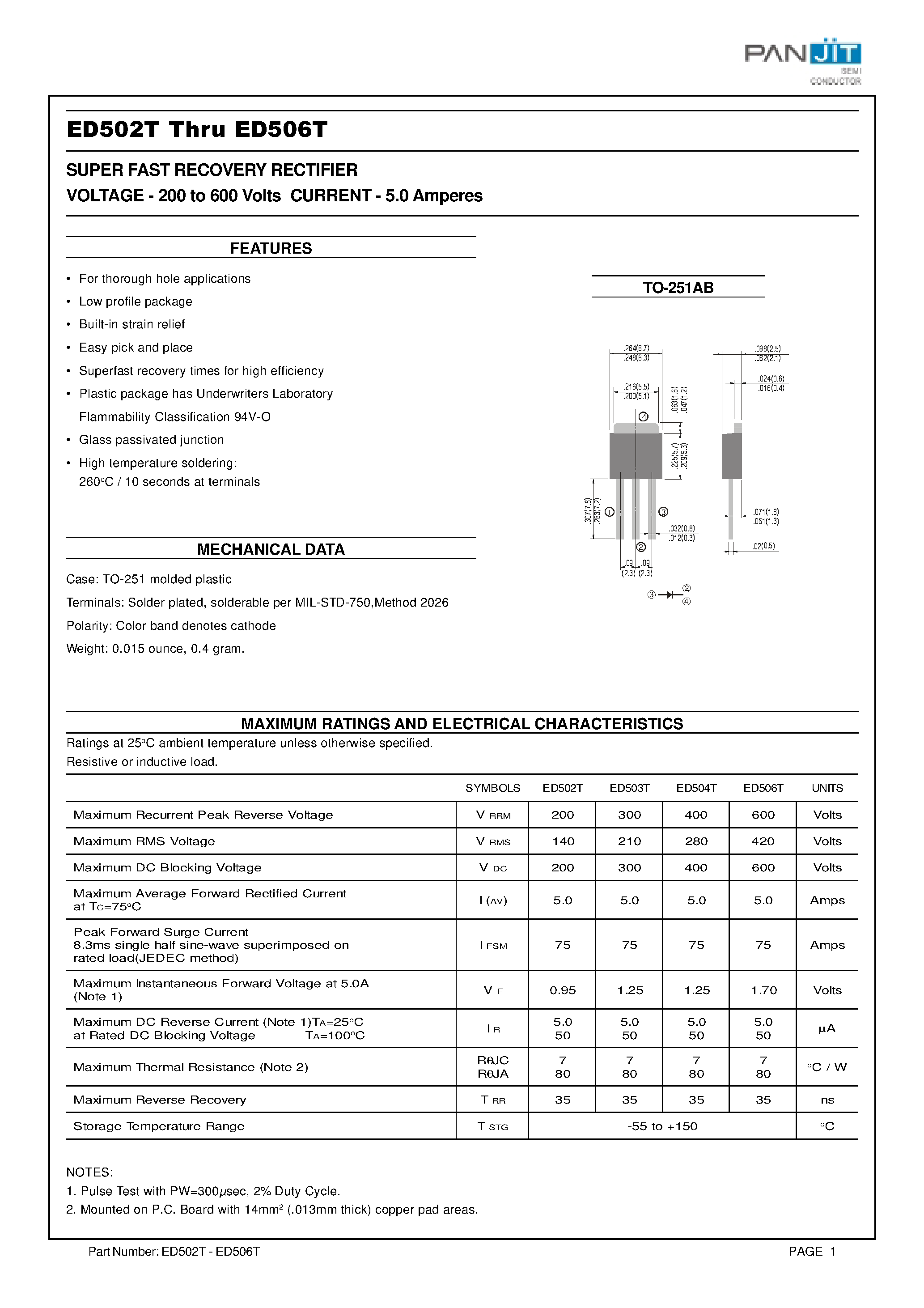 Datasheet ED504T - SUPER FAST RECOVERY RECTIFIER(VOLTAGE - 200 to 600 Volts CURRENT - 5.0 Amperes) page 1