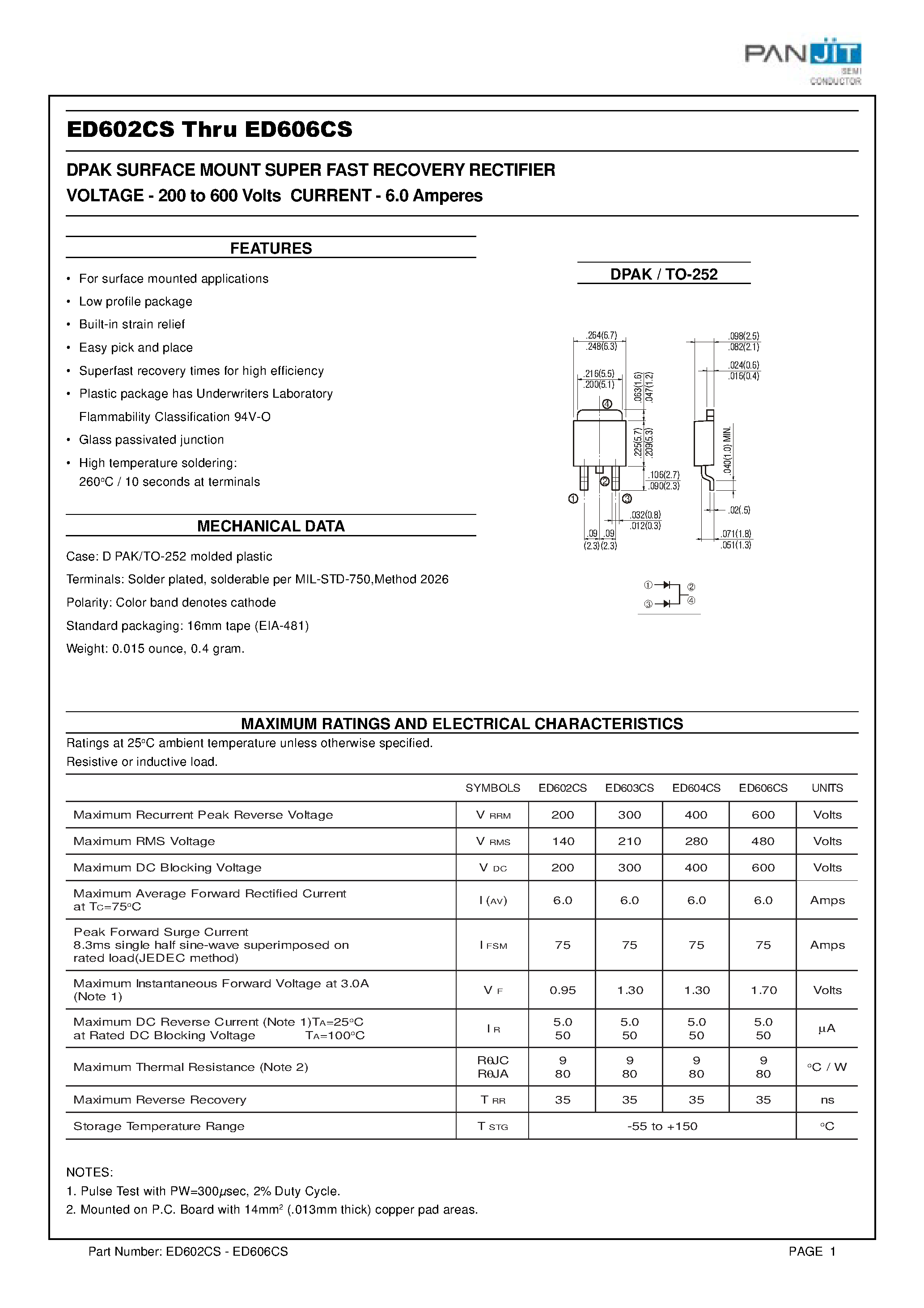 Datasheet ED604CS - DPAK SURFACE MOUNT SUPER FAST RECOVERY RECTIFIER(VOLTAGE - 200 to 600 Volts CURRENT - 6.0 Amperes) page 1