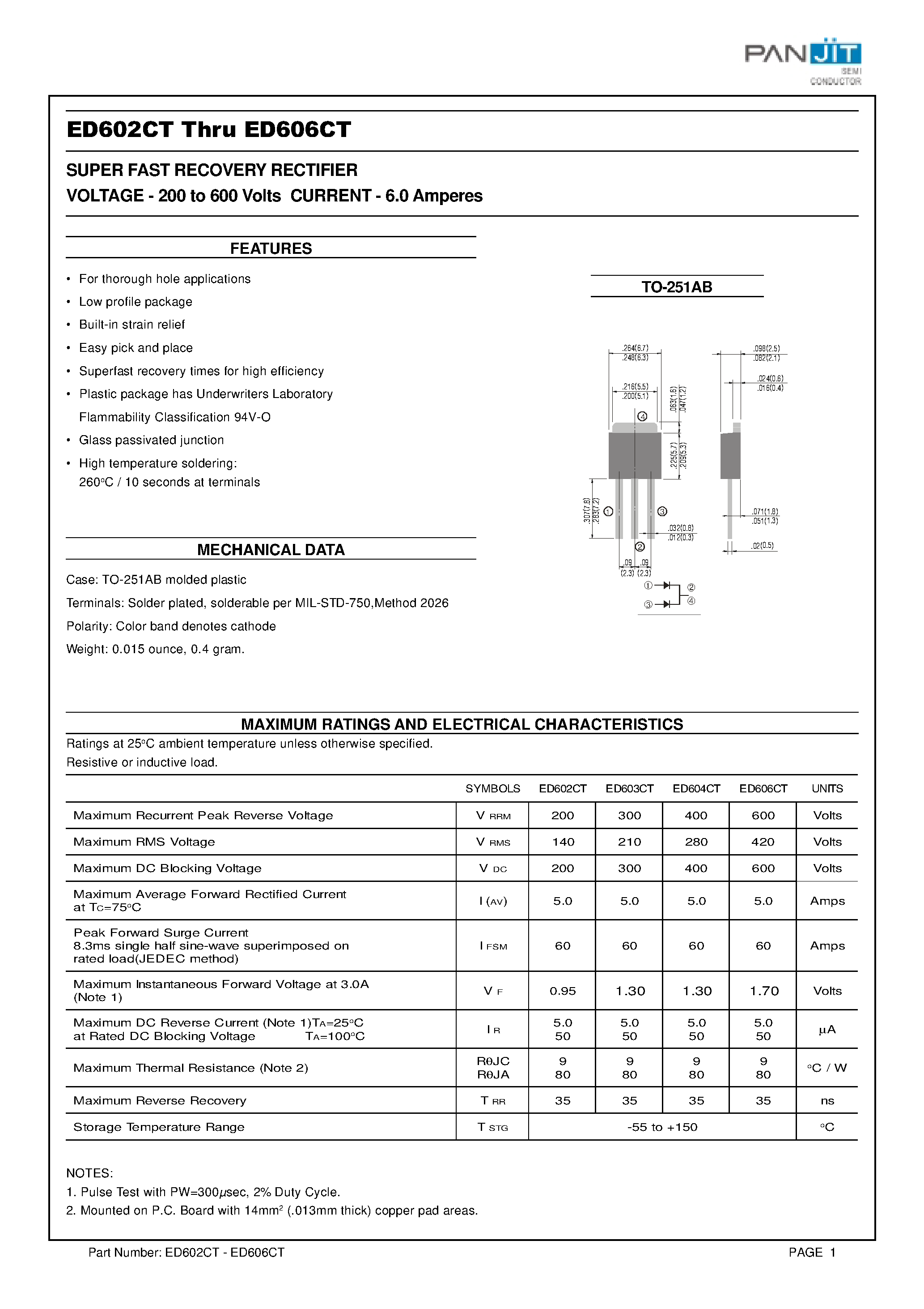 Datasheet ED604CT - SUPER FAST RECOVERY RECTIFIER(VOLTAGE - 200 to 600 Volts CURRENT - 6.0 Amperes) page 1