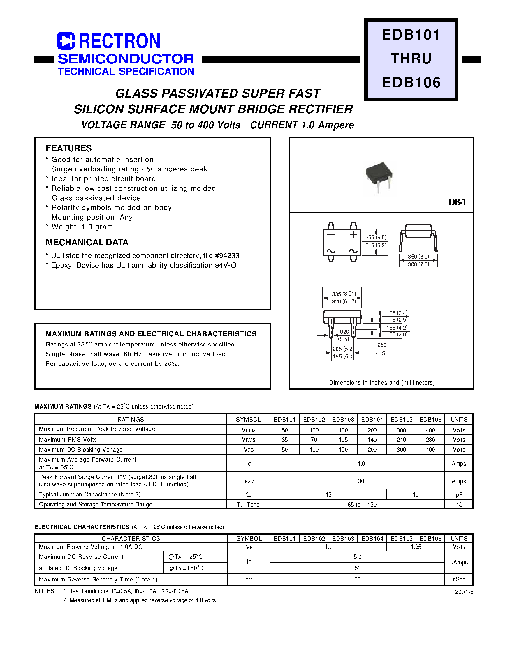 Datasheet EDB104 - GLASS PASSIVATED SUPER FAST SILICON SURFACE MOUNT BRIDGE RECTIFIER page 1