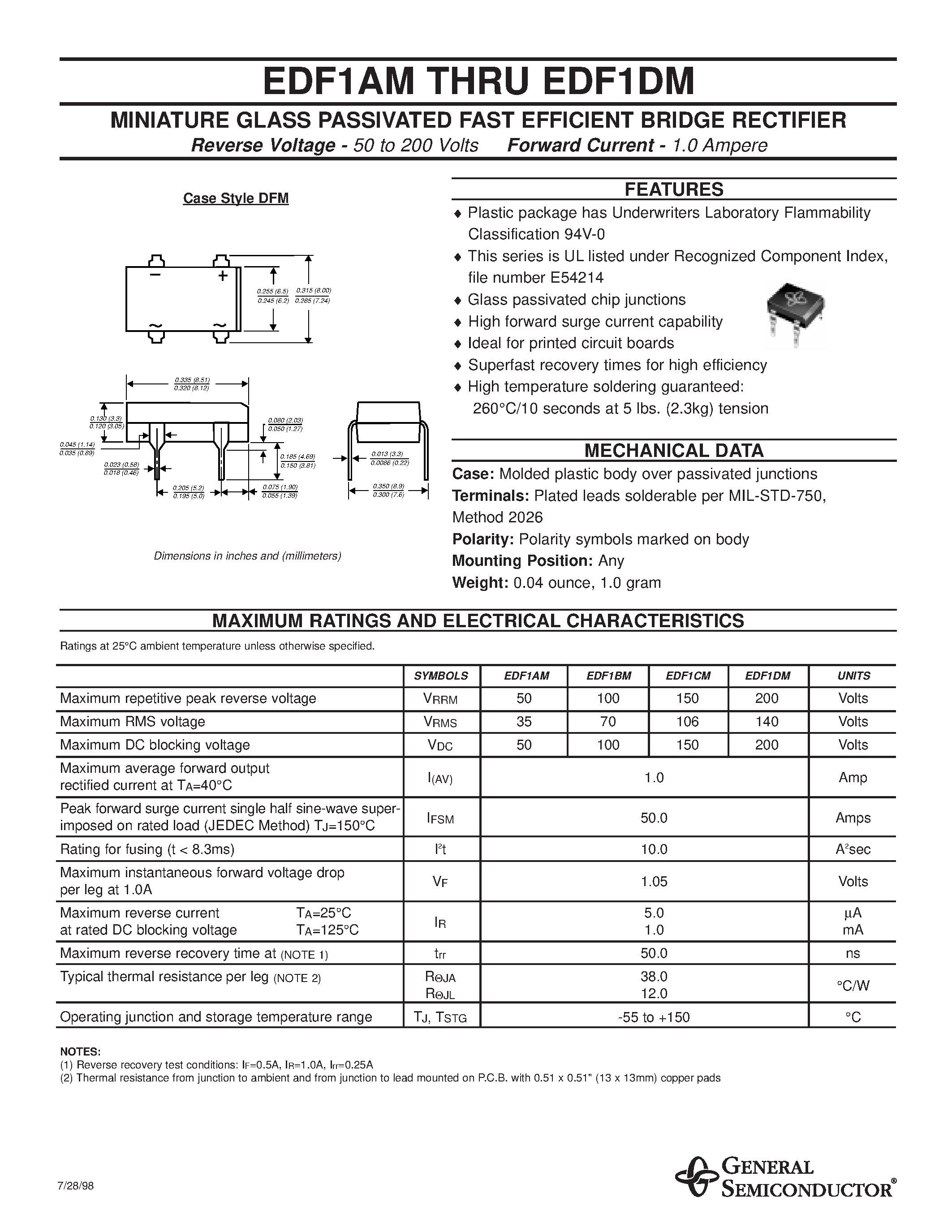 Datasheet EDF1AM page 1 Datasheet EDF1AM - MINIATURE GLASS PASSIVATED FAST EFFICIENT BRIDGE RECTIFIER page 1