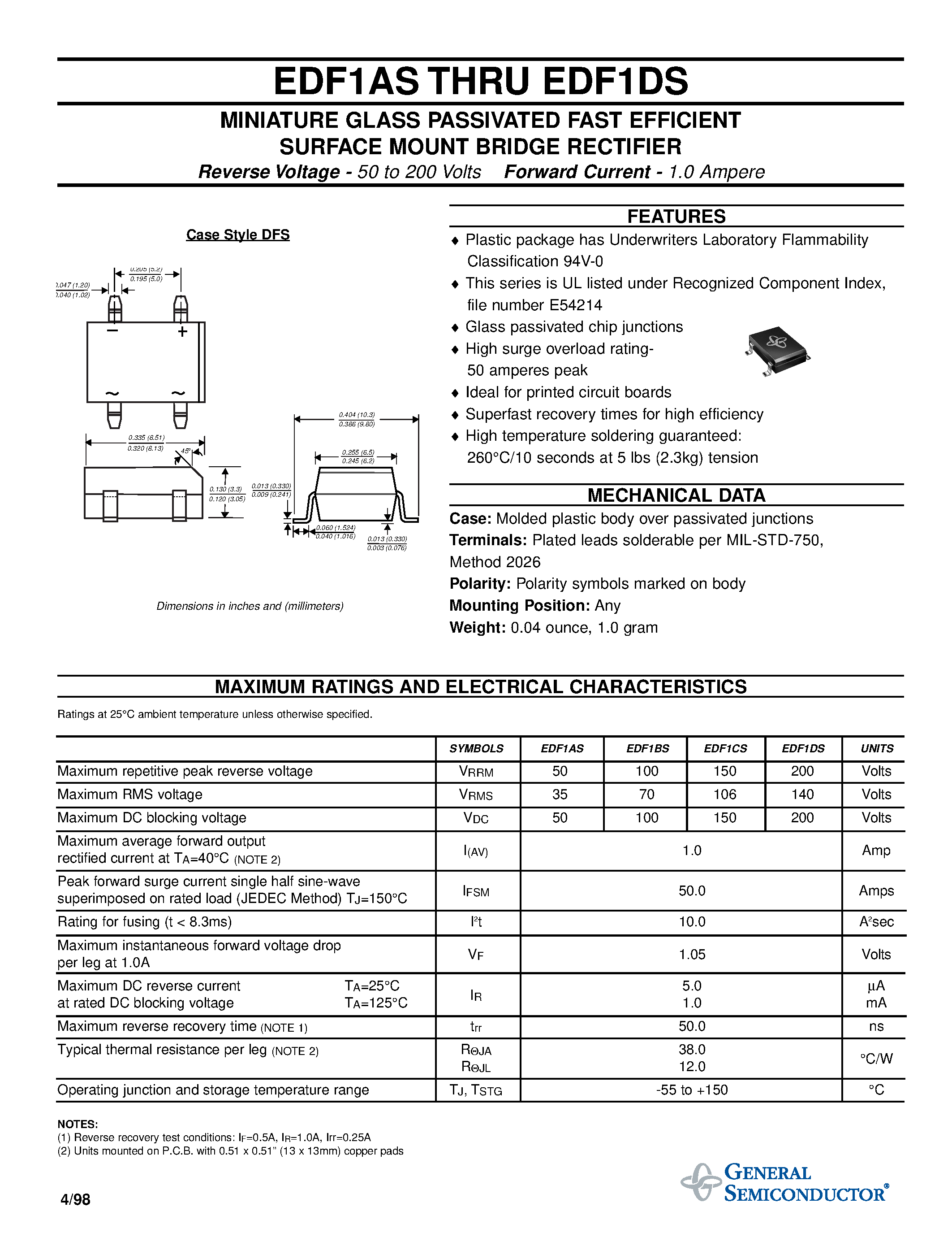 Datasheet EDF1AS page 1 Datasheet EDF1AS - MINIATURE GLASS PASSIVATED FAST EFFICIENT SURFACE MOUNT BRIDGE RECTIFIER page 1