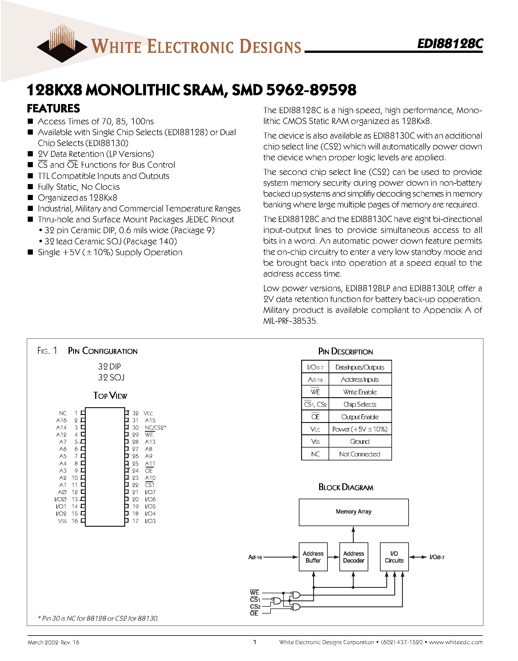 Даташит EDI88128P - 128K X 8 STATIC RAM CMOS MONOLITHIC страница 1