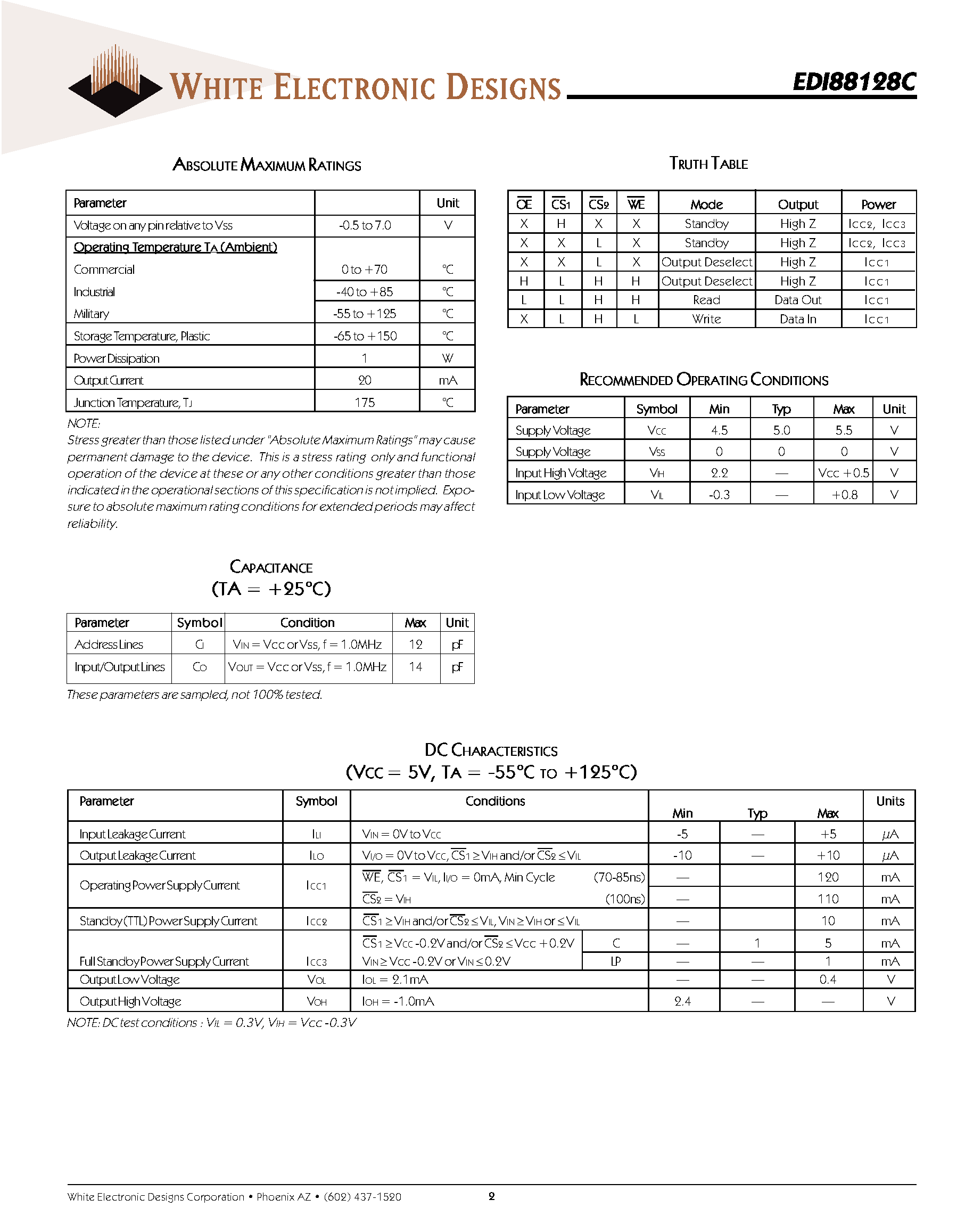 Даташит EDI88128P - 128K X 8 STATIC RAM CMOS MONOLITHIC страница 2