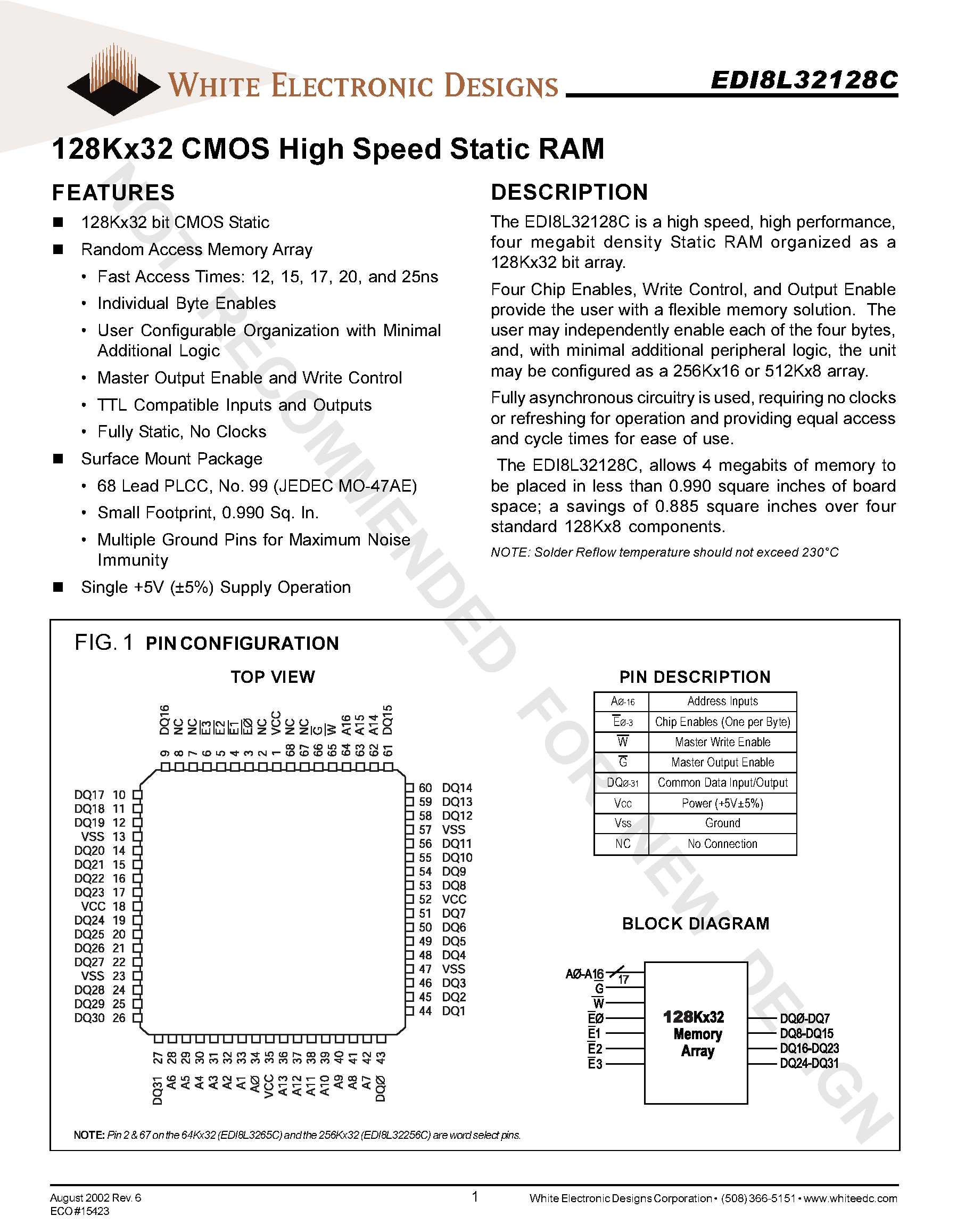 Даташит на микросхему EDI8L32128C страница 1 Даташит EDI8L32128C - 128Kx32 CMOS High Speed Static RAM страница 1