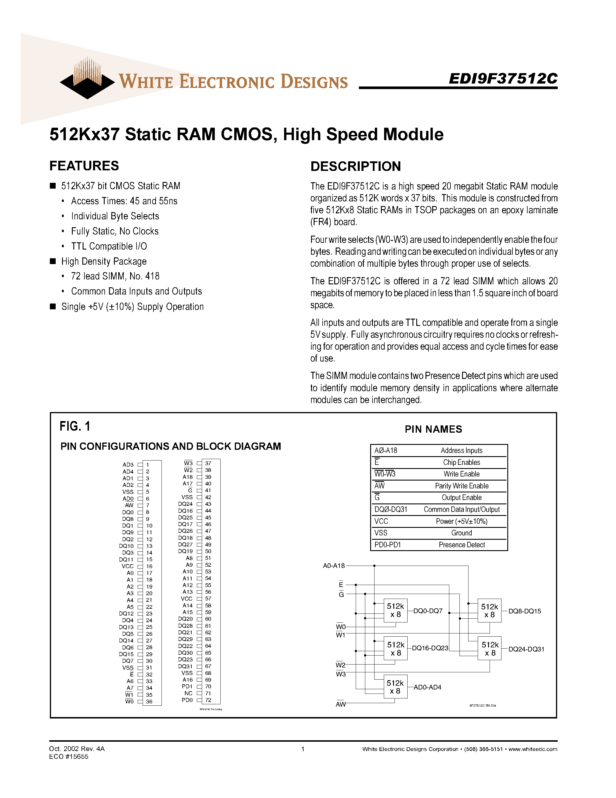 Даташит EDI9F37512C45MMC - 512K x 37 Static RAM CMOS / High Speed Module страница 1