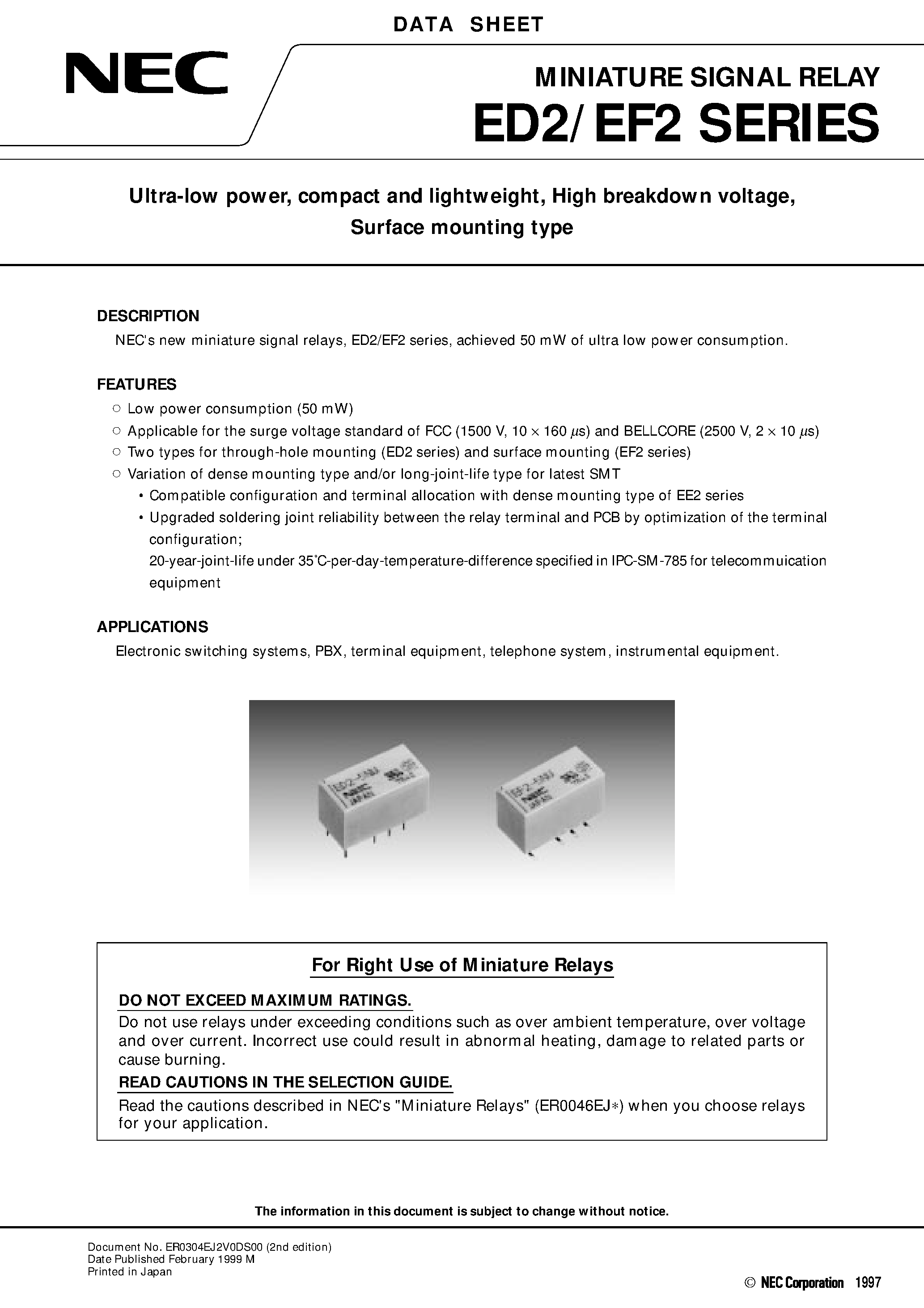 Datasheet EF2-9 - Ultra-low power/ compact and lightweight/ High breakdown voltage/ Surface mounting type page 1