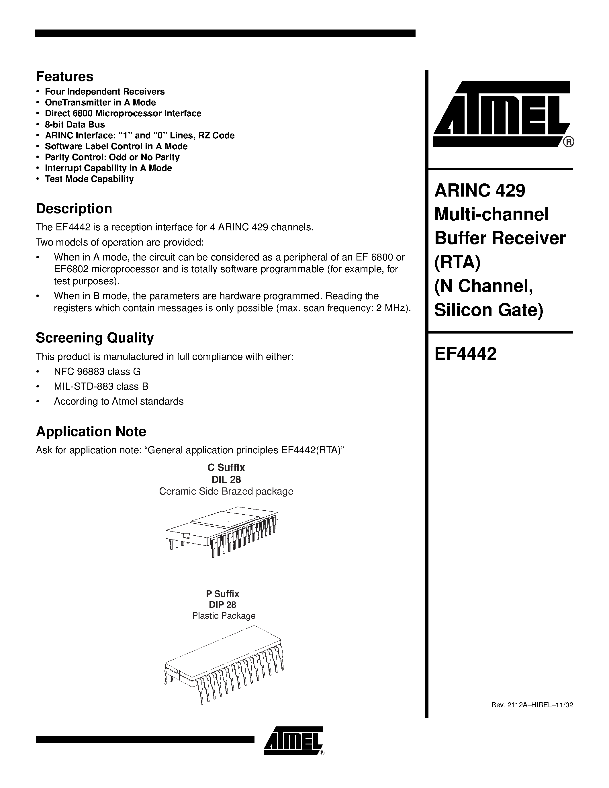 Datasheet EF4442PVZ63 - ARINC 429 Multi-channel Buffer Receiver (RTA) (N Channel/ Silicon Gate) page 1
