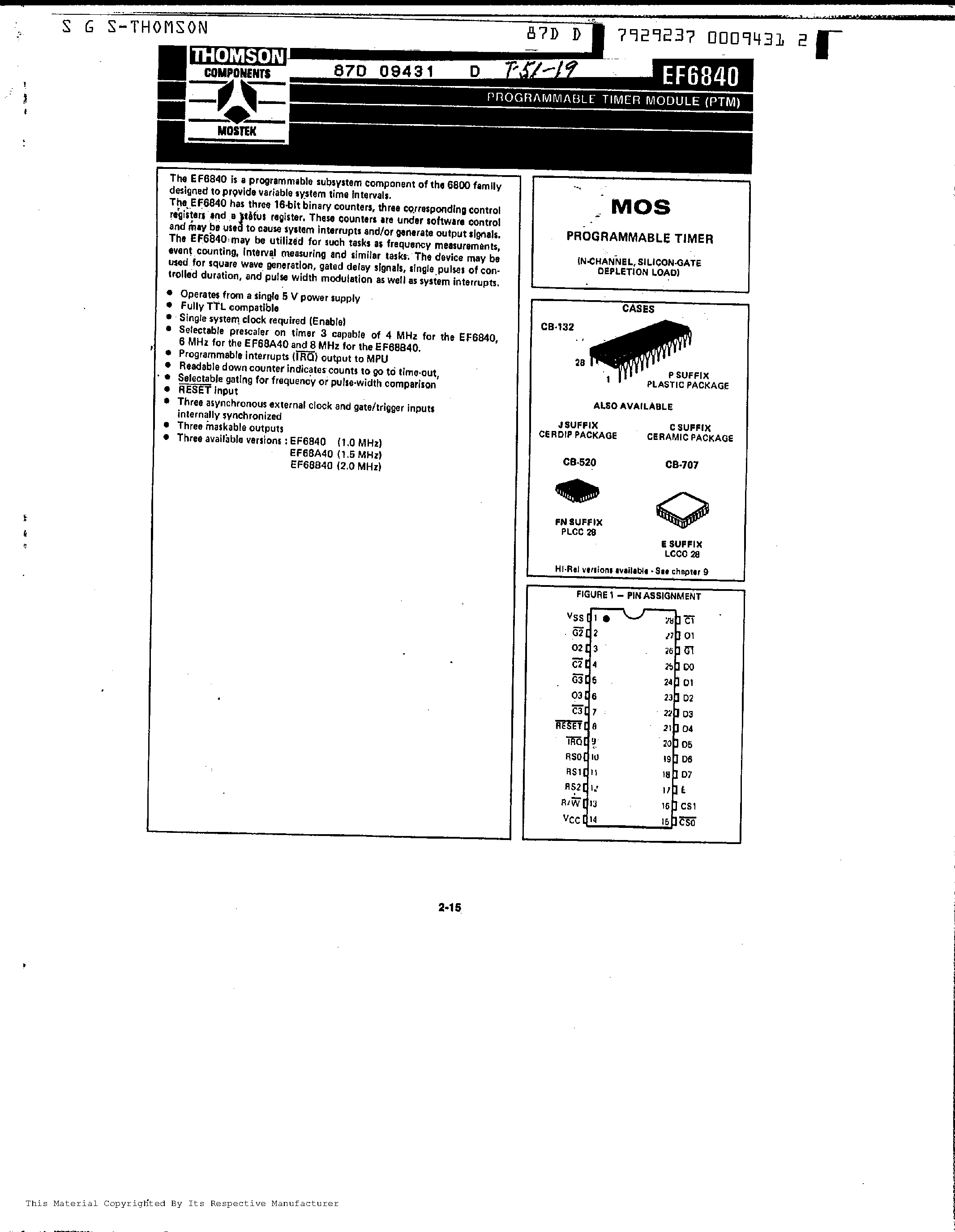 Datasheet EF6840 - MOS PROGRAMMBLE TIMER(N-CHANNEL) page 1