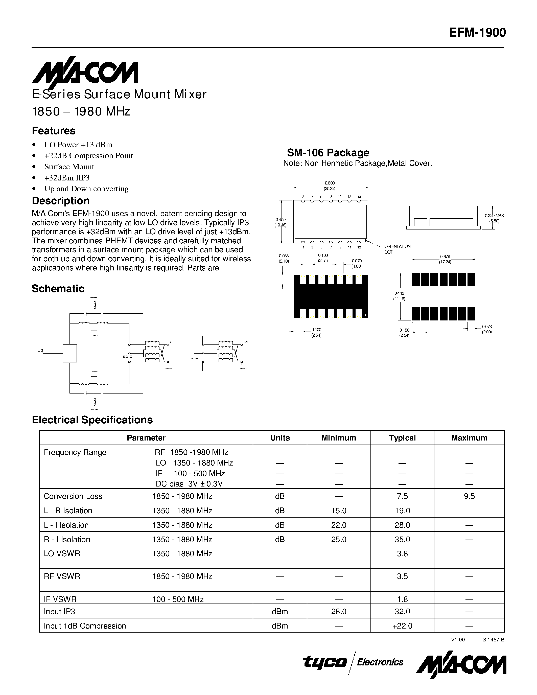 Datasheet EFM-1900 page 1 Datasheet EFM-1900 - E-Series Surface Mount Mixer 1850 - 1980 MHz page 1