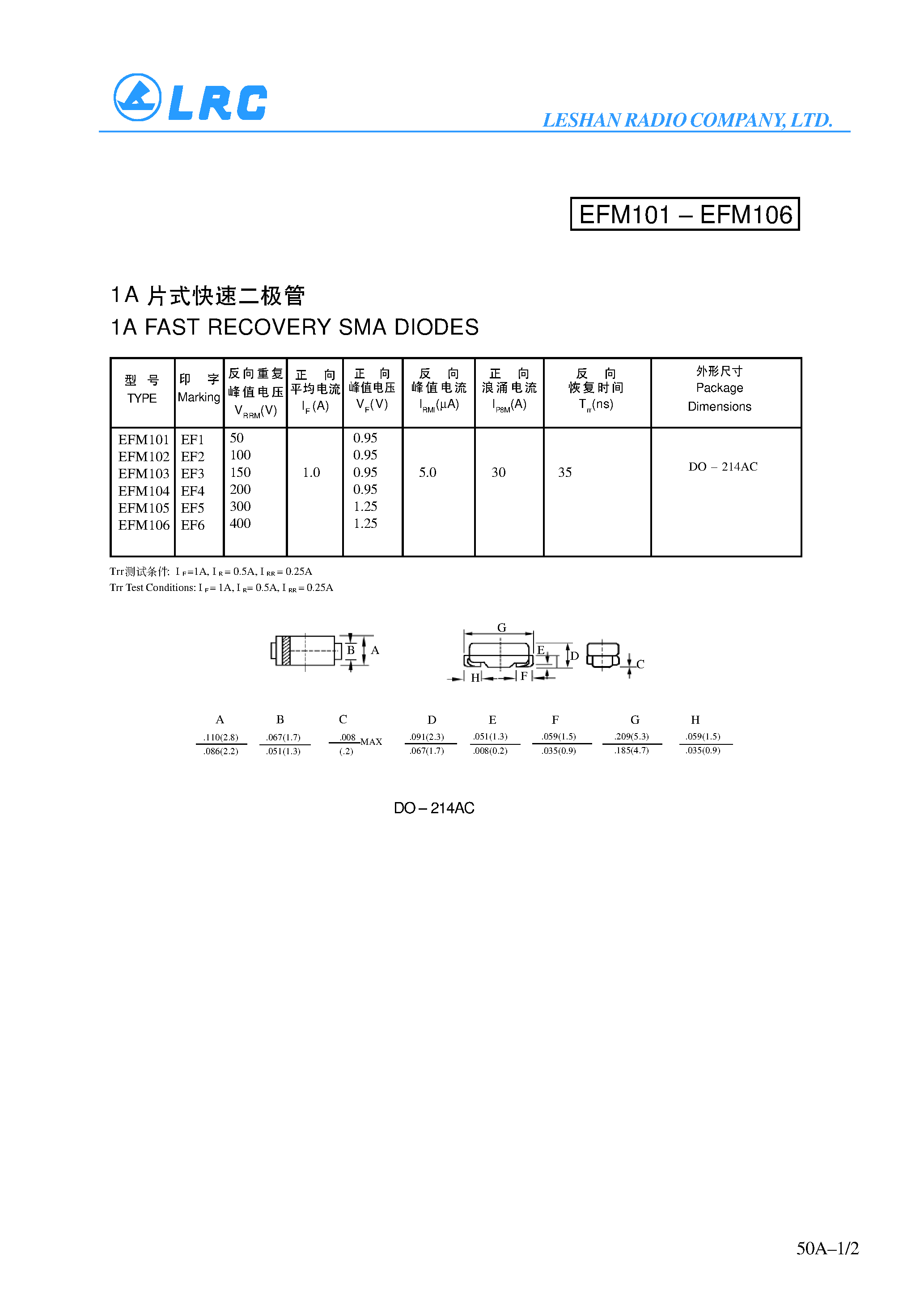 Даташит на микросхему EFM102 страница 1 Даташит EFM102 - 1A FAST RECOVERY SMA DIODES страница 1