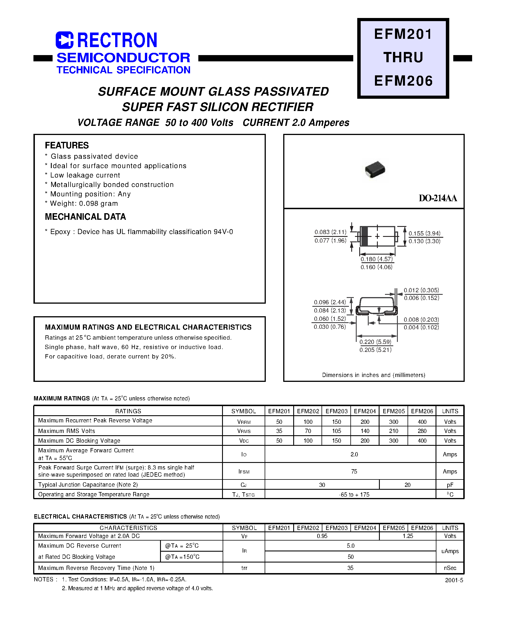 Datasheet EFM201 - SURFACE MOUNT GLASS PASSIVATED SUPER FAST SILICON RECTIFIER (VOLTAGE RANGE 50 to 400 Volts CURRENT 2.0 Ampere) page 1