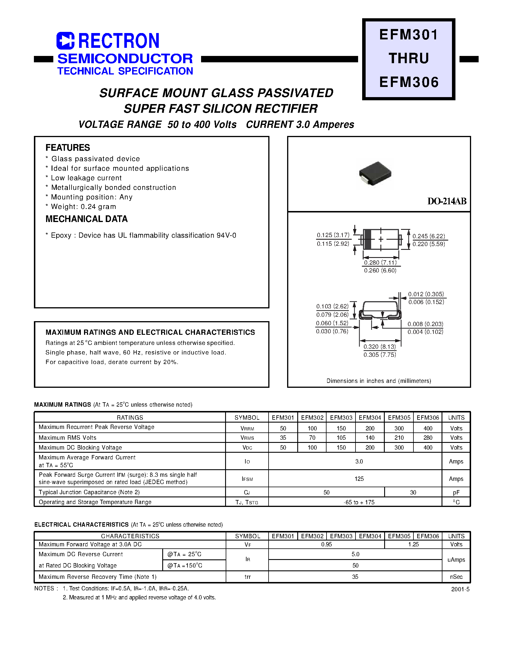 Datasheet EFM306 - SURFACE MOUNT GLASS PASSIVATED SUPER FAST SILICON RECTIFIER (VOLTAGE RANGE 50 to 400 Volts CURRENT 3.0 Ampere) page 1