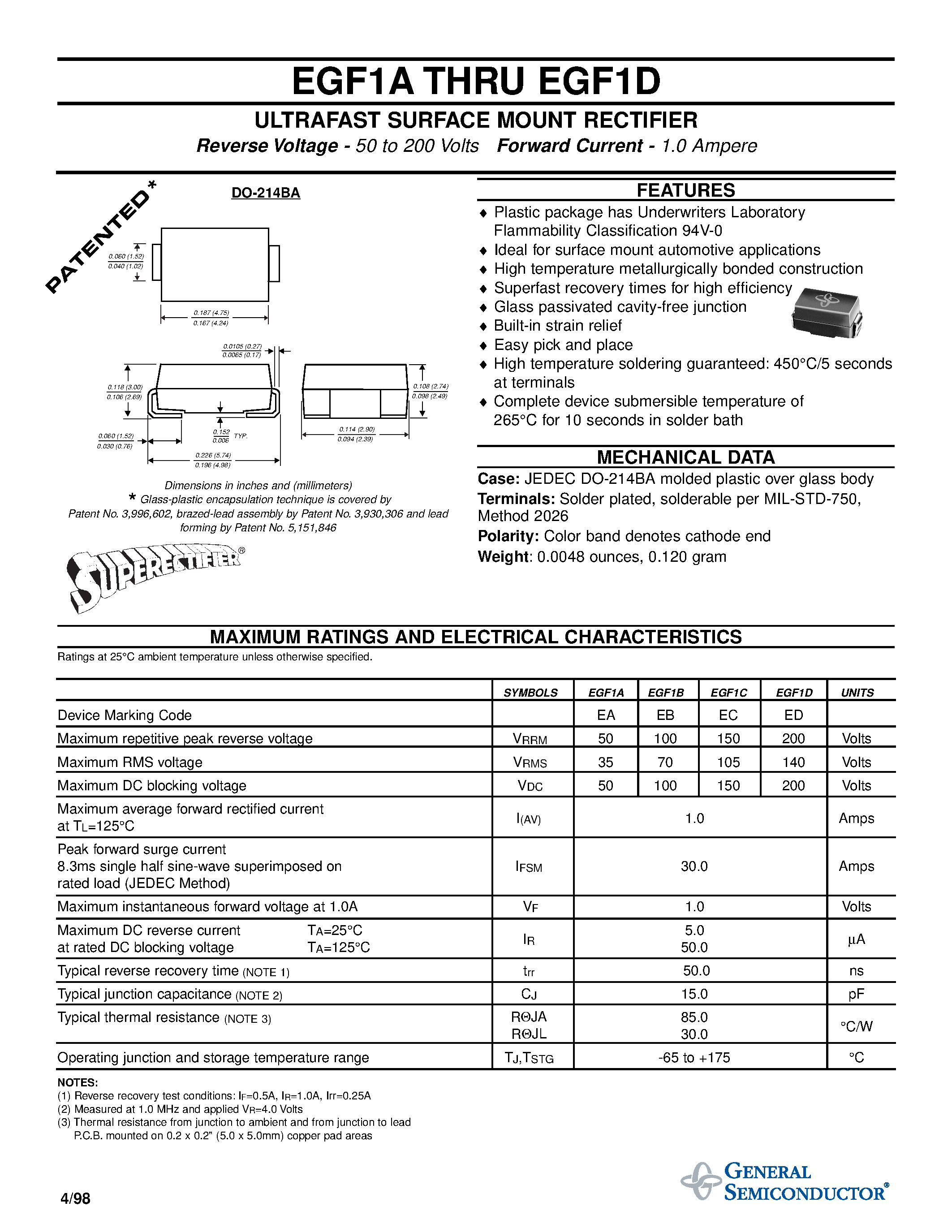 Datasheet EGF1D page 1 Datasheet EGF1D - ULTRAFAST SURFACE MOUNT RECTIFIER page 1