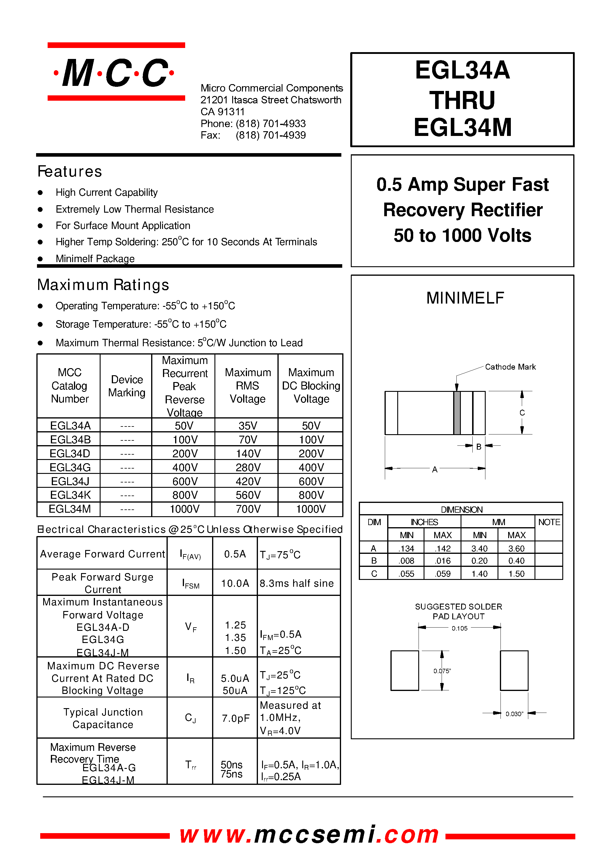 Datasheet EGL34B - 0.5 Amp Super Fast Recovery Rectifier 50 to 1000 Volts page 1
