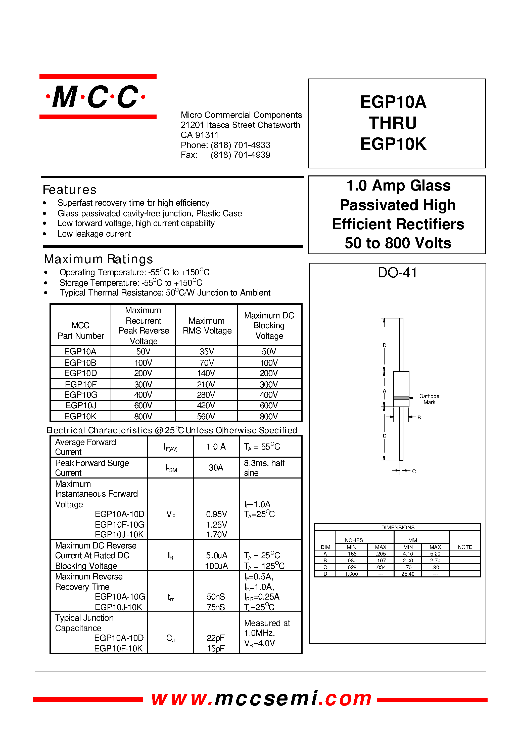 Datasheet EGP10D page 1 Datasheet EGP10D - 1.0 Amp Glass Passivated High Efficient Rectifiers 50 to 800 Volts page 1