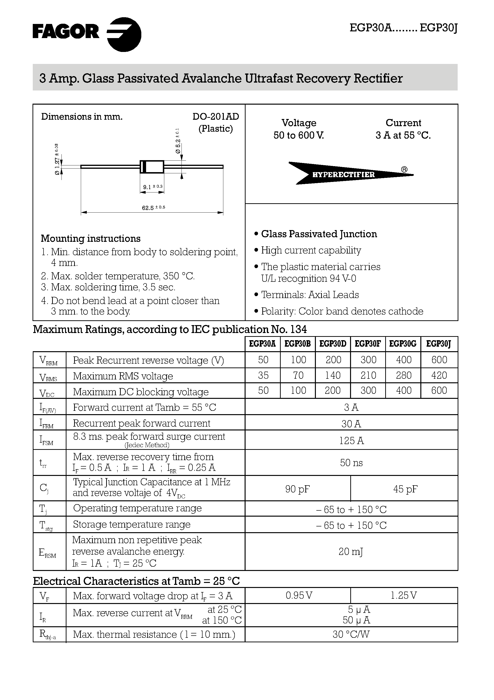 Даташит EGP30A - 3 Amp. Glass Passivated Avalanche Ultrafast Recovery Rectifier страница 1