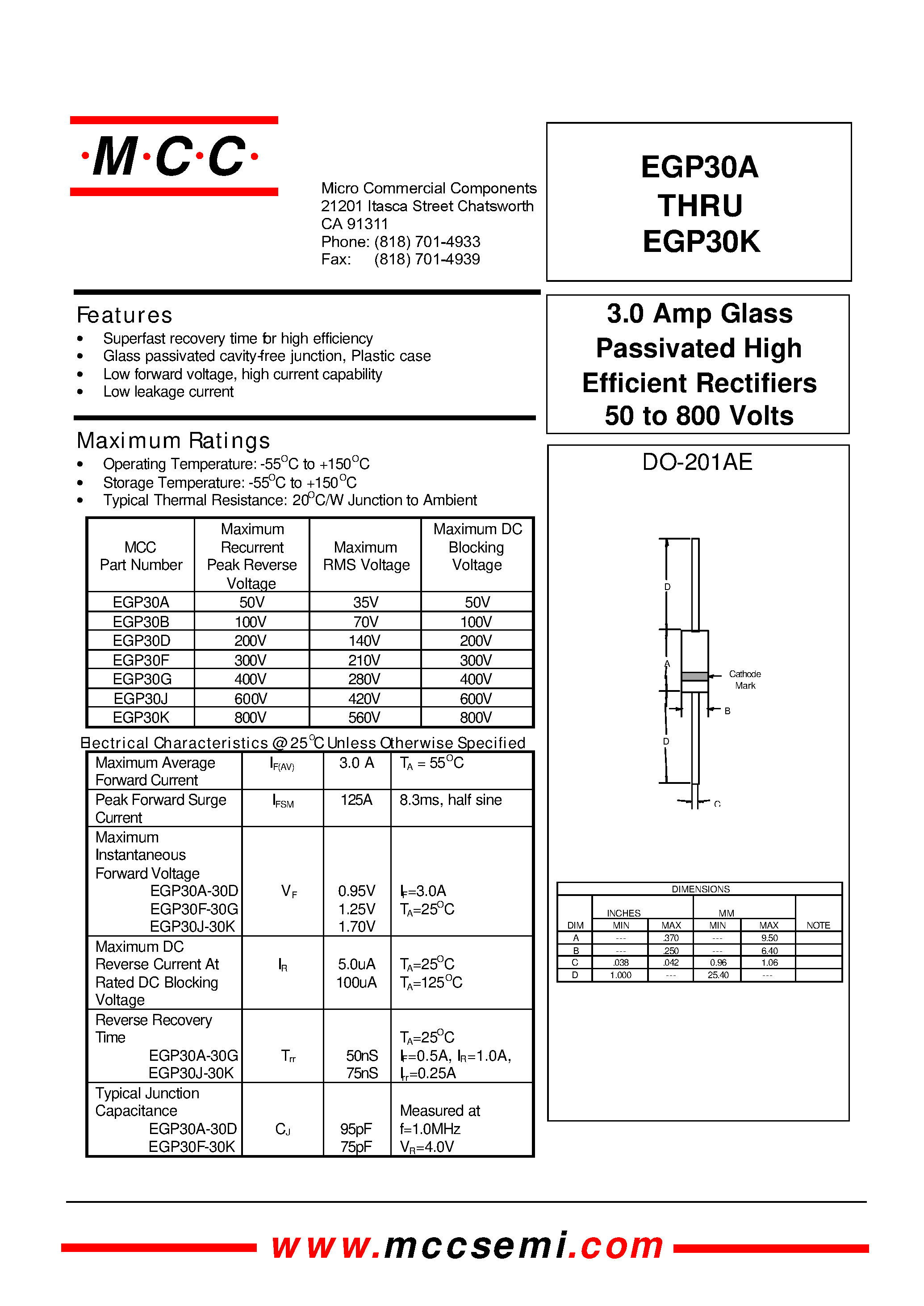 Datasheet EGP30K page 1 Datasheet EGP30K - 3.0 Amp Glass Passivated High Efficient Rectifiers 50 to 800 Volts page 1