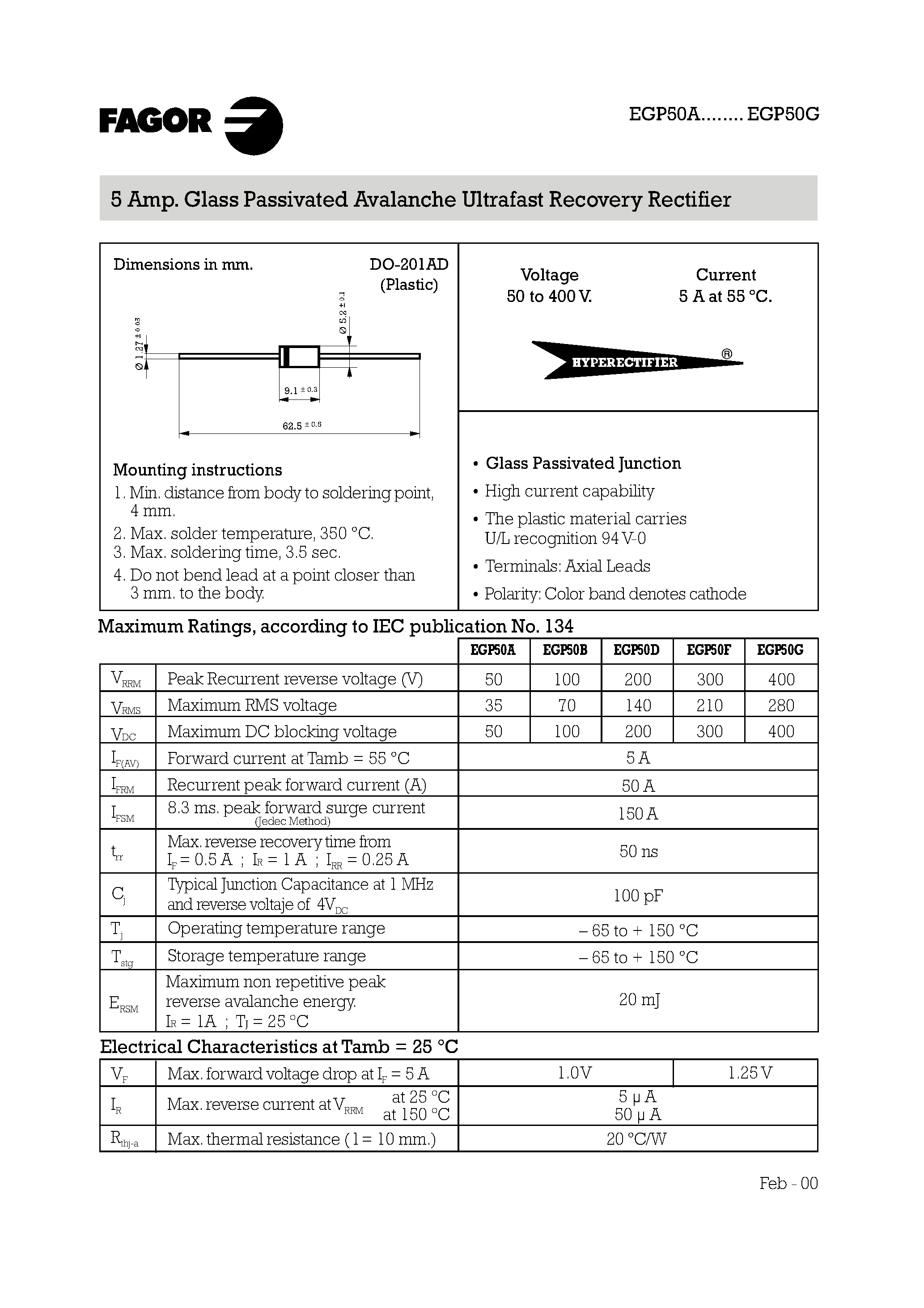 Даташит EGP50B - 5 Amp. Glass Passivated Avalanche Ultrafast Recovery Rectifier страница 1
