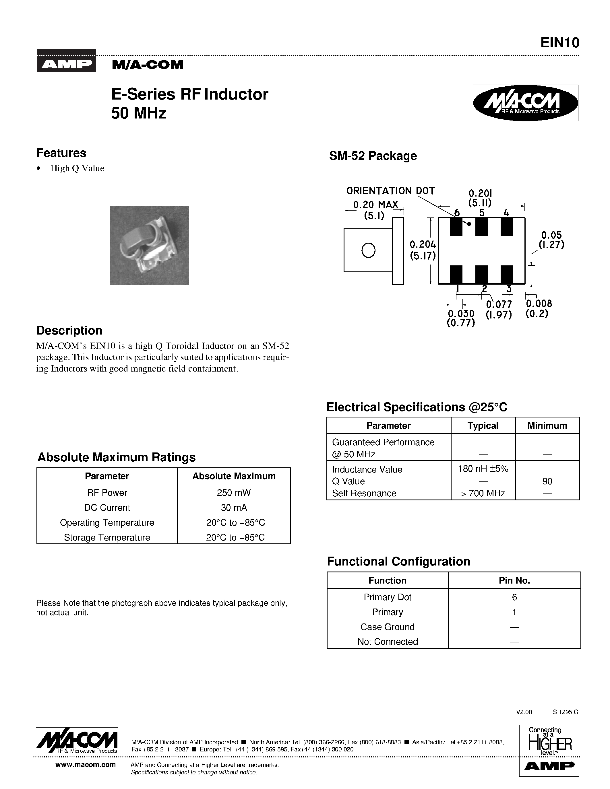 Даташит EIN10 - E-Series RF Inductor 50 MHz страница 1