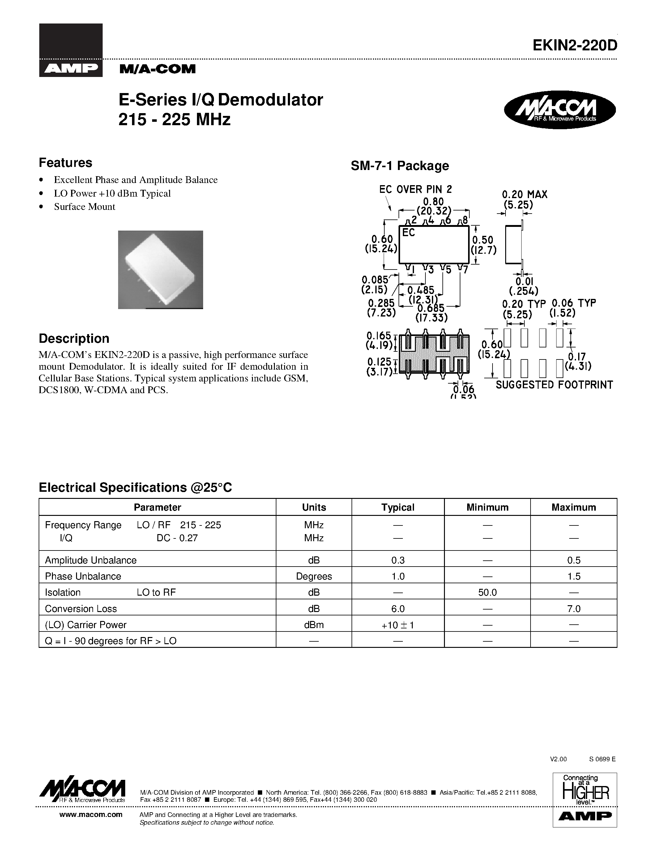 Даташит на микросхему EKIN2-220D страница 1 Даташит EKIN2-220D - E-Series I/Q Demodulator 215 - 225 MHz страница 1