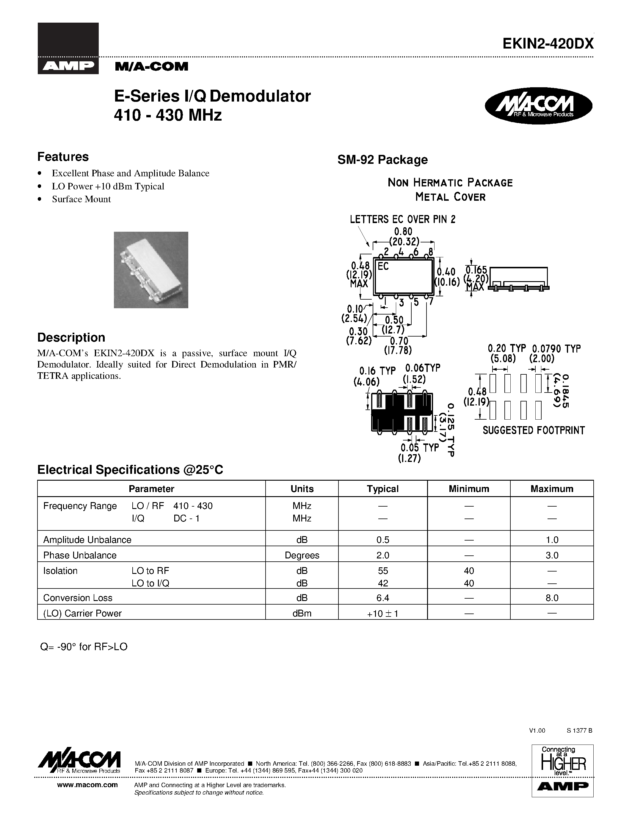 Даташит на микросхему EKIN2-420DX страница 1 Даташит EKIN2-420DX - E-Series I/Q Demodulator 410 - 430 MHz страница 1