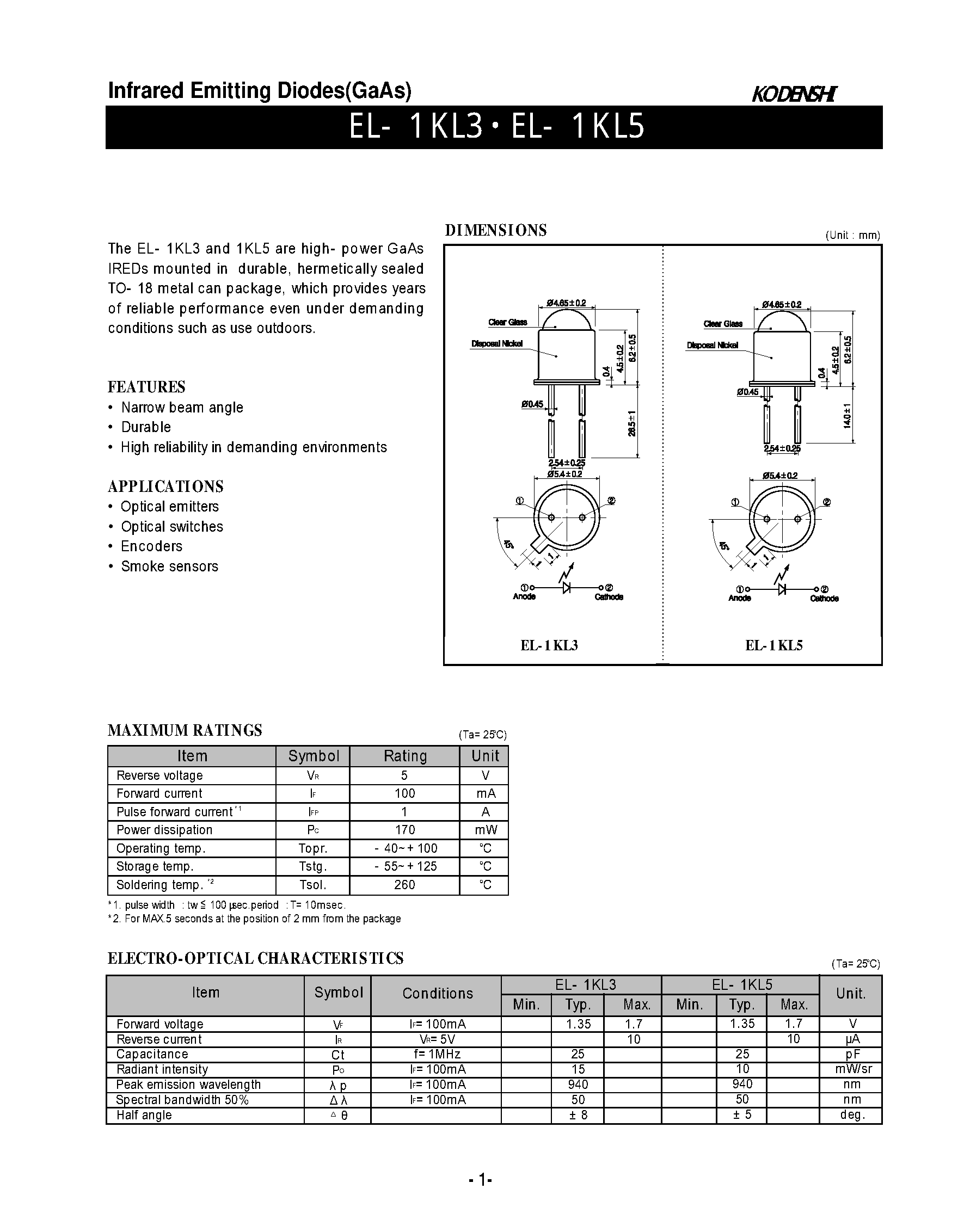 Даташит на микросхему EL-1KL5 страница 1 Даташит EL-1KL5 - INFRARED EMITTING DIODES страница 1