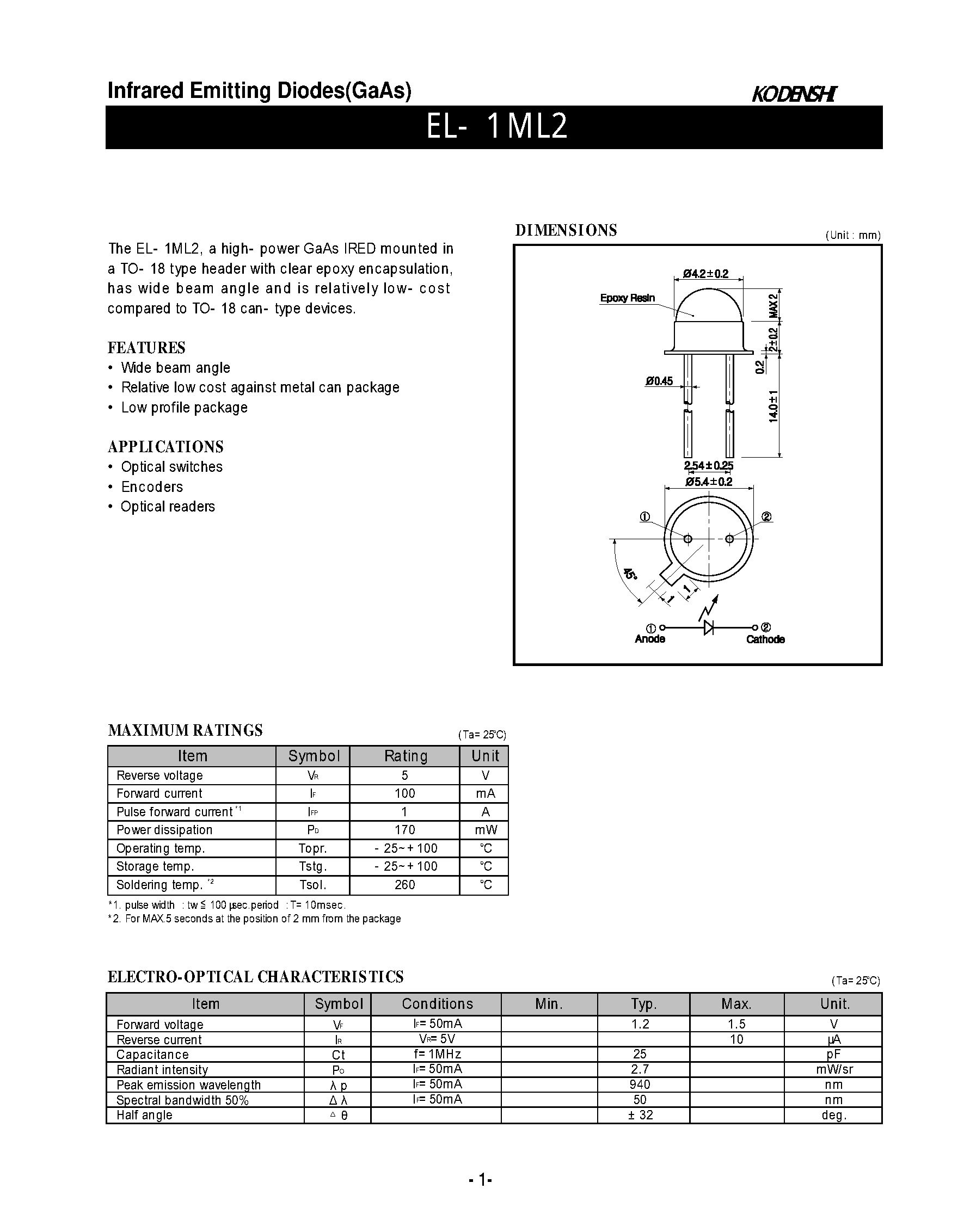 Даташит на микросхему EL-1ML2 страница 1 Даташит EL-1ML2 - Infrared Emitting Diodes(GaAs) страница 1