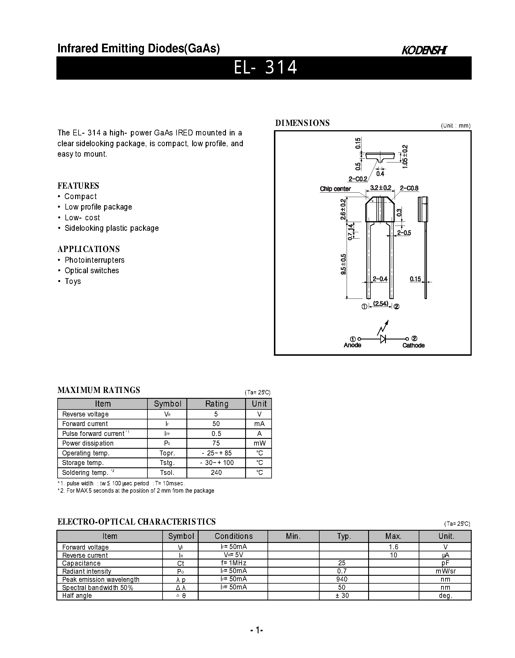 Даташит EL-314 - Infrared Emitting Diodes(GaAs) страница 1