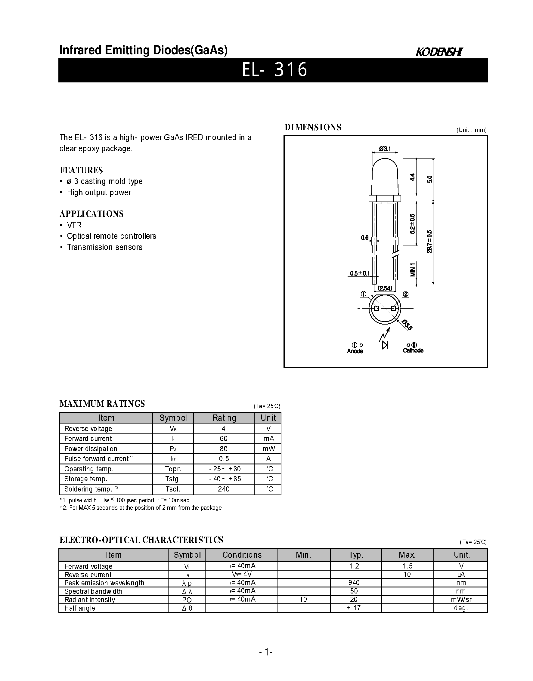 Даташит на микросхему EL-316 страница 1 Даташит EL-316 - Infrared Emitting Diodes(GaAs) страница 1