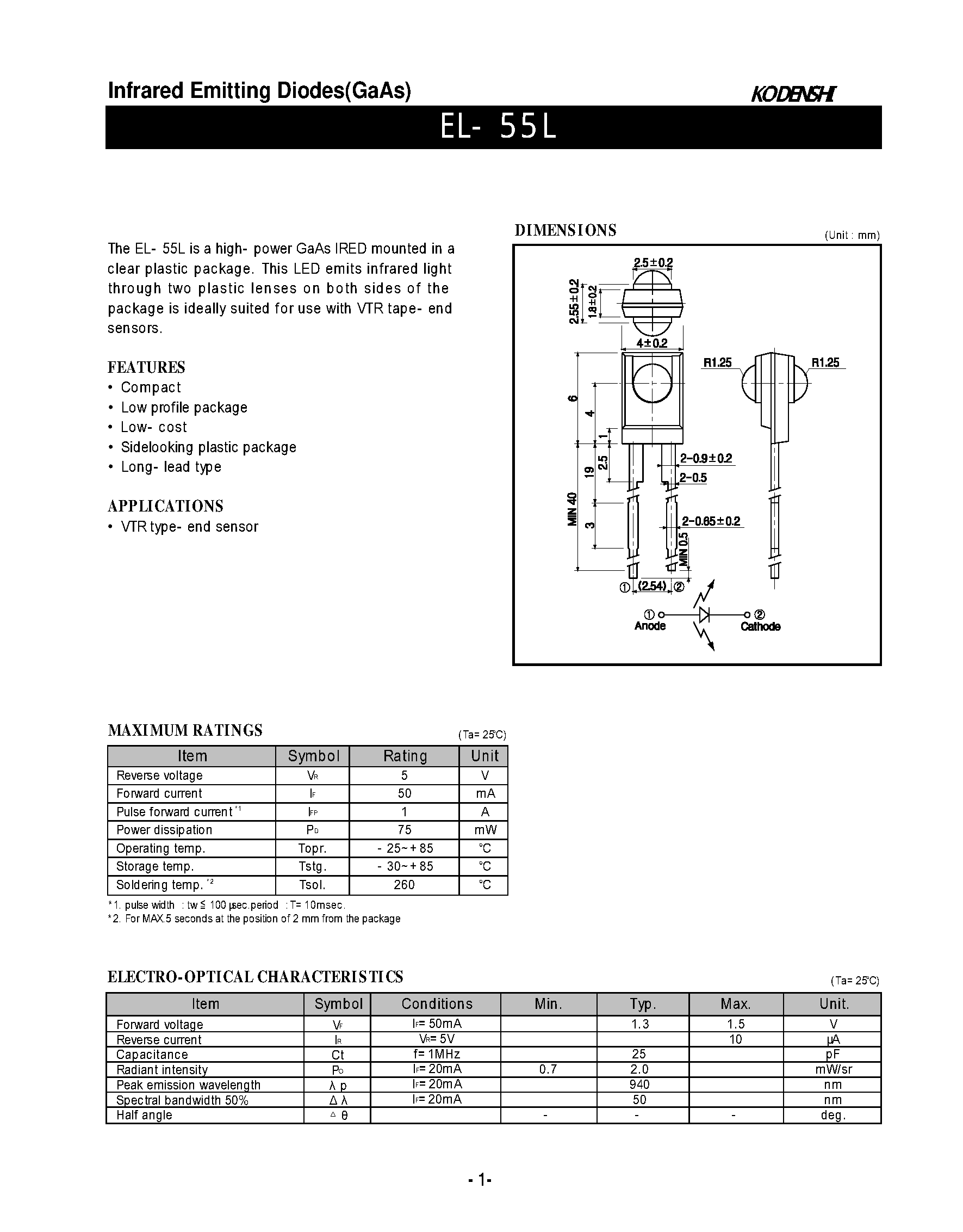Даташит EL-55L - Infrared Emitting Diodes(GaAs) страница 1