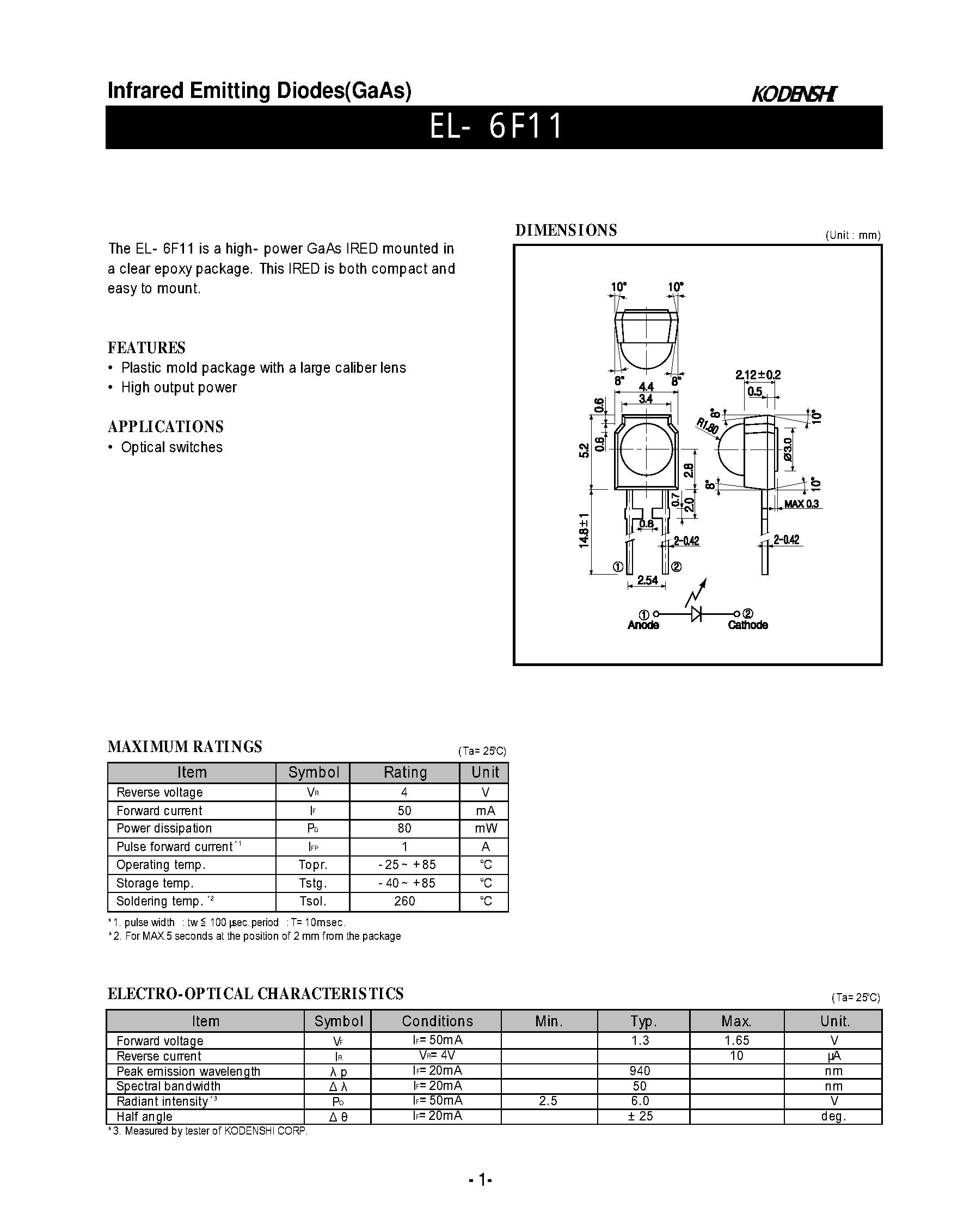 Даташит на микросхему EL-6F11 страница 1 Даташит EL-6F11 - Infrared Emitting Diodes(GaAs) страница 1