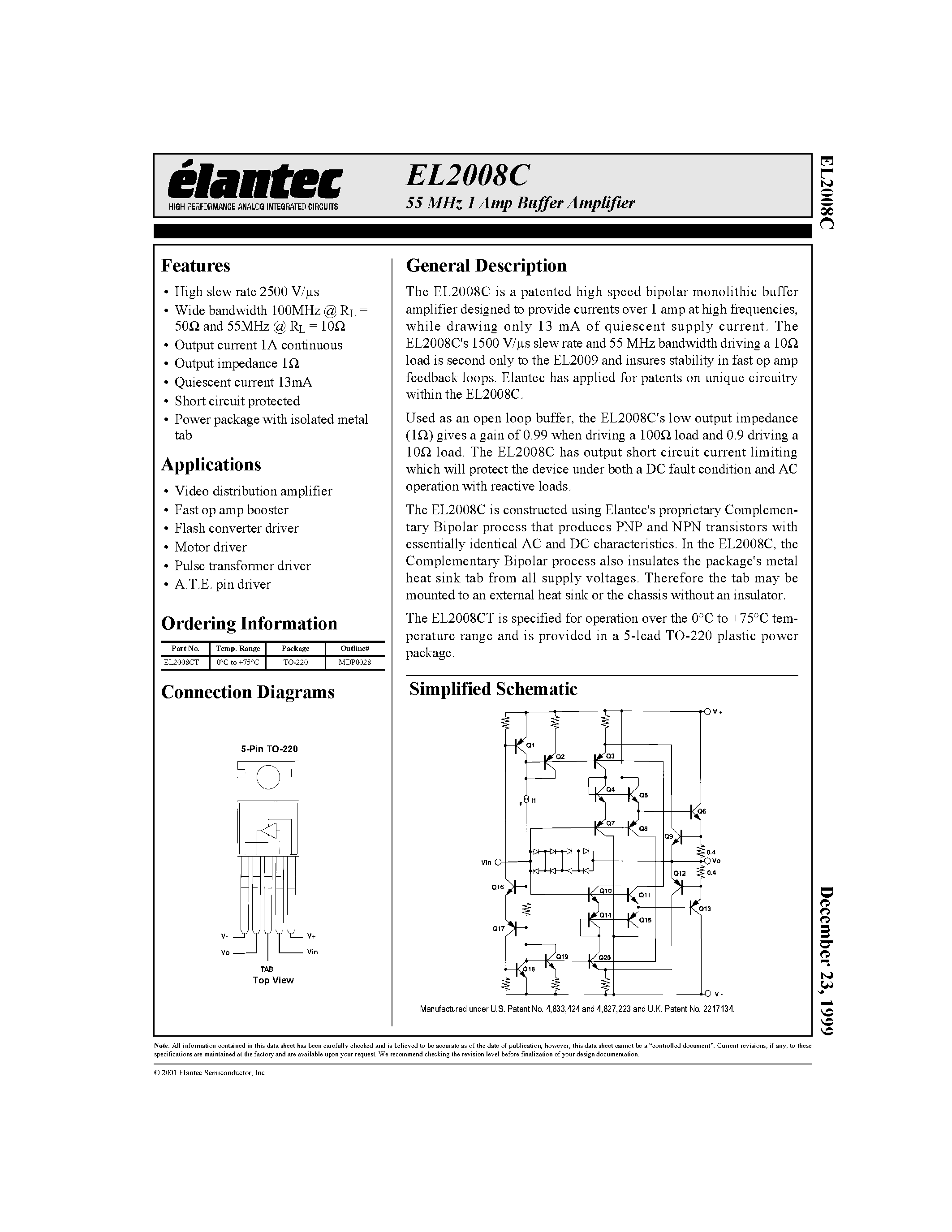 Даташит на микросхему EL2008CT страница 1 Даташит EL2008CT - 55 MHz 1 Amp Buffer Amplifier страница 1
