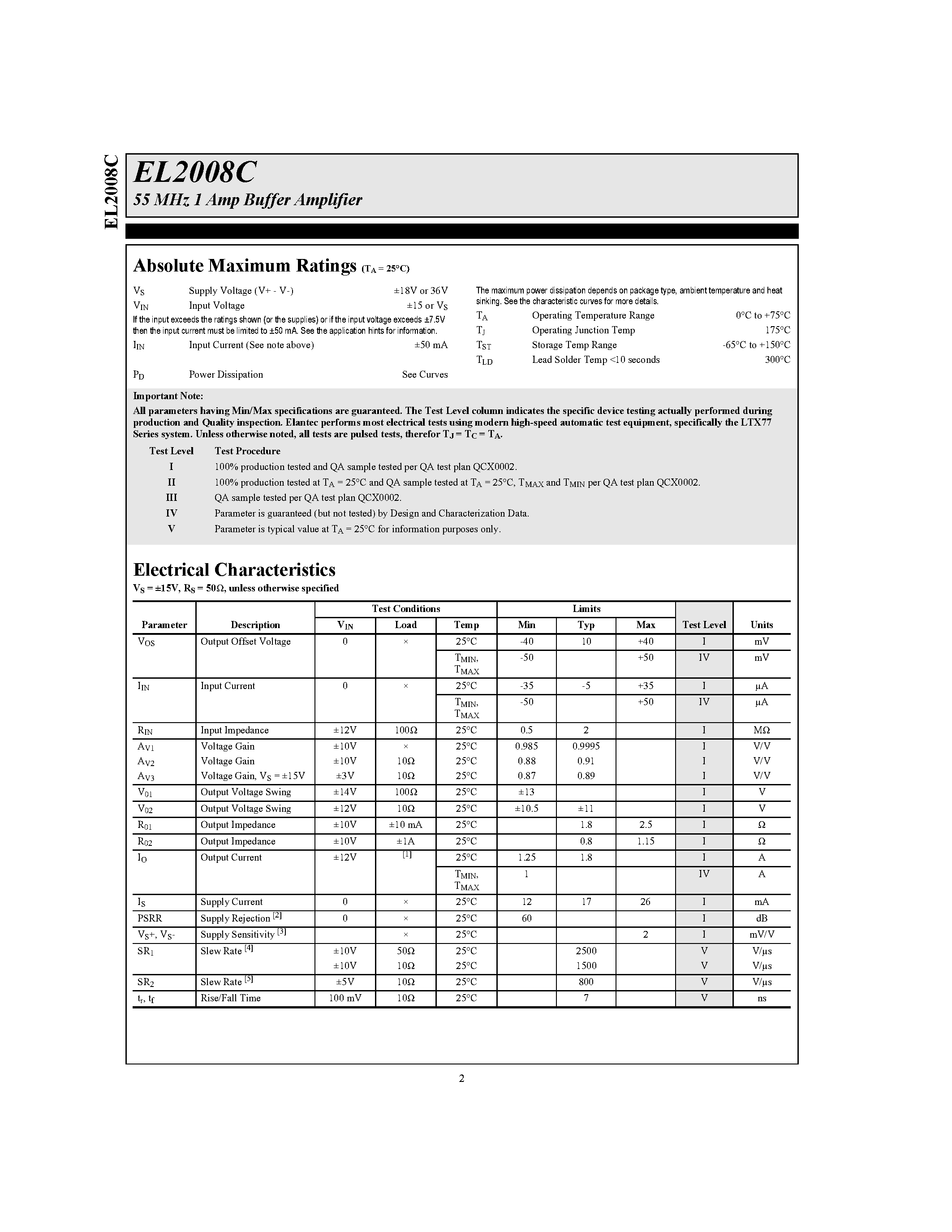 Даташит на микросхему EL2008CT страница 2 Даташит EL2008CT - 55 MHz 1 Amp Buffer Amplifier страница 2