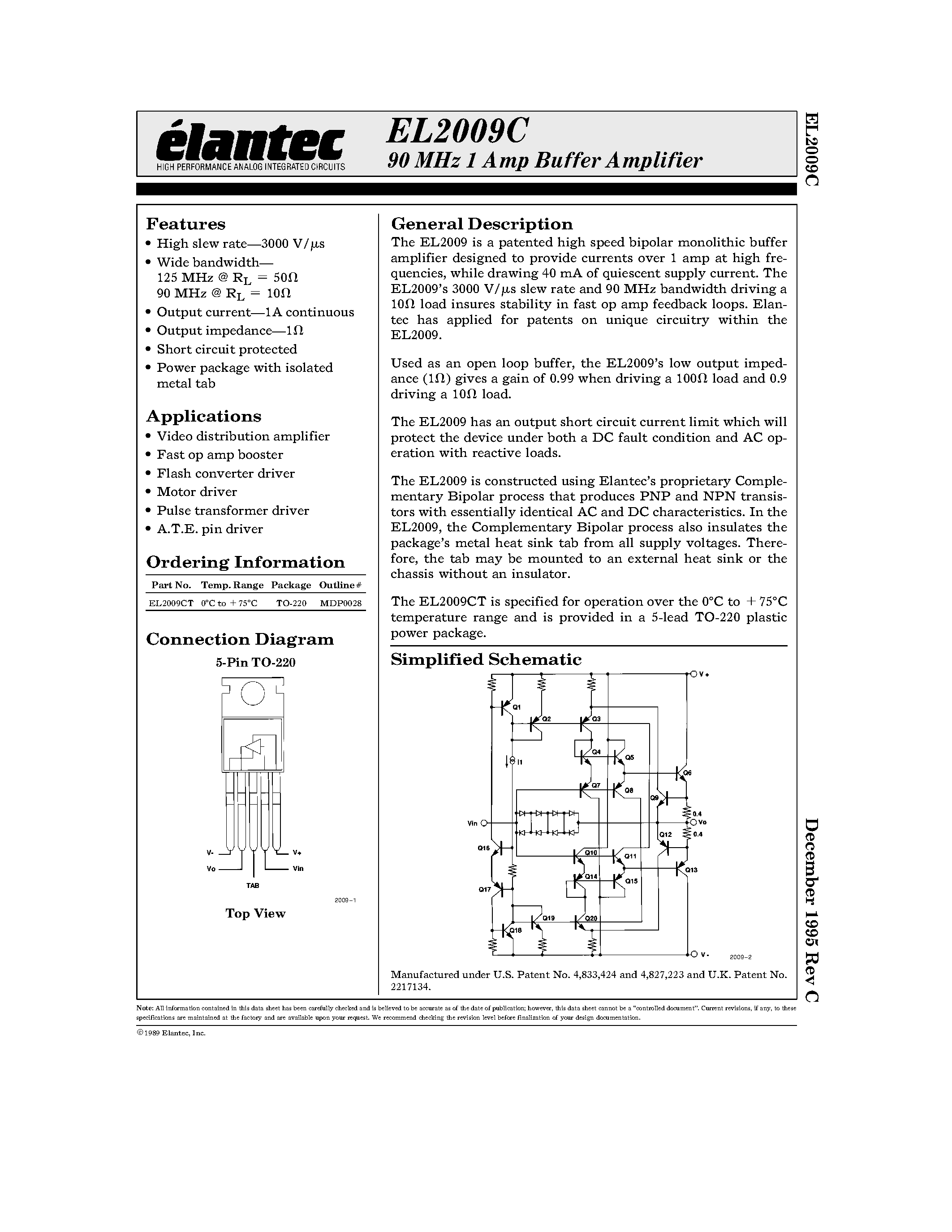 Даташит на микросхему EL2009C страница 1 Даташит EL2009C - 90 MHz 1 Amp Buffer Amplifier страница 1