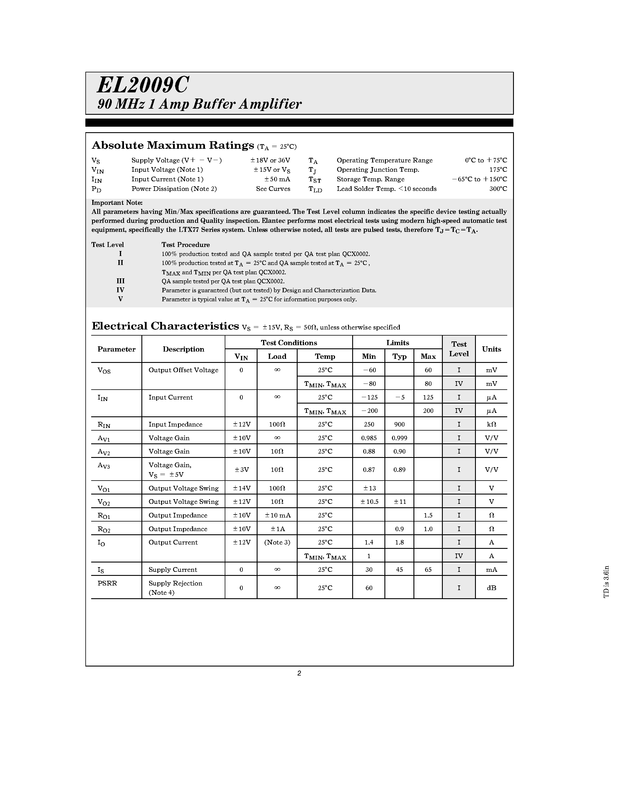 Даташит на микросхему EL2009CT страница 2 Даташит EL2009CT - 90 MHz 1 Amp Buffer Amplifier страница 2