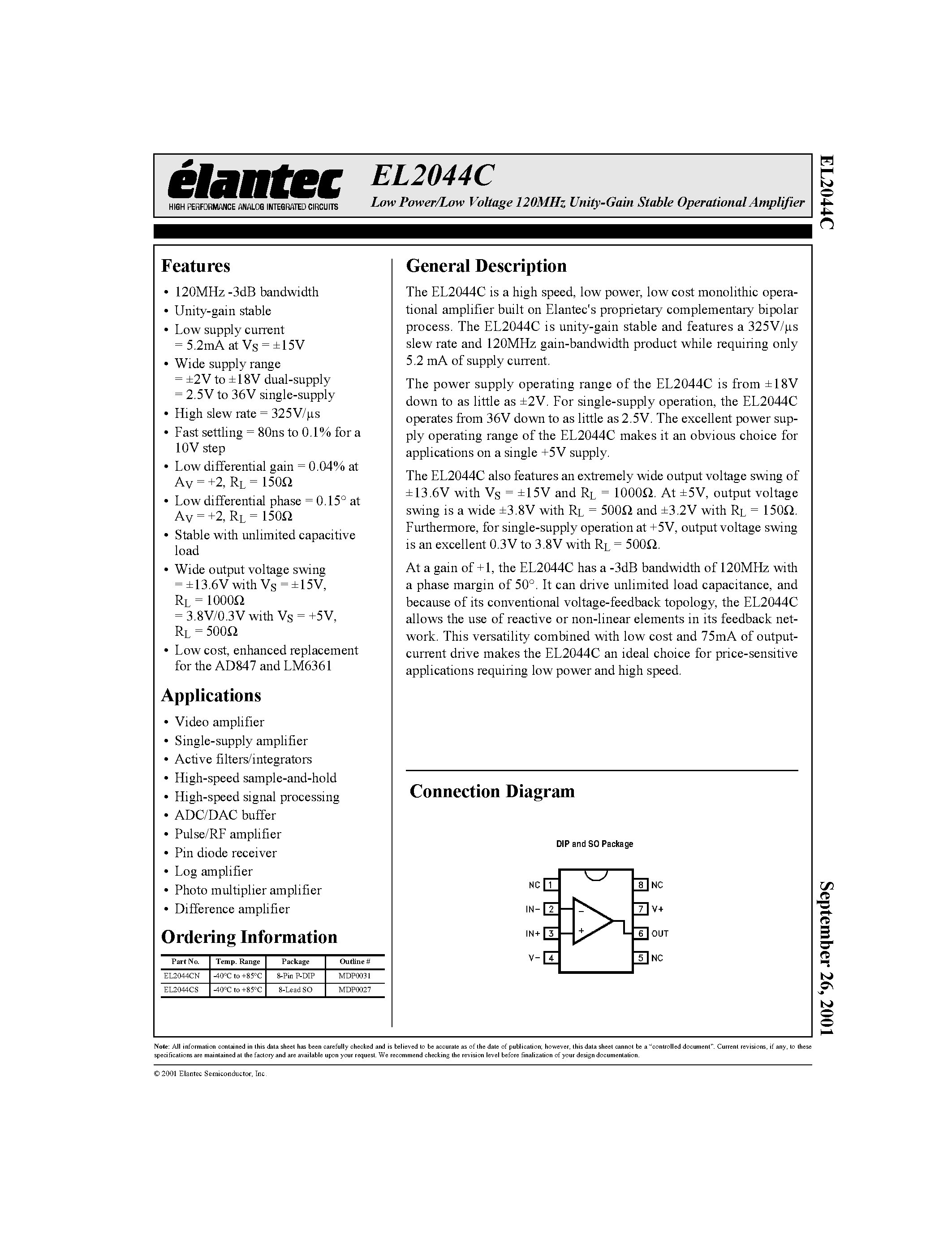 Datasheet EL2044 page 1 Datasheet EL2044 - Low Power/Low Voltage 120MHz Unity-Gain Stable Operational Amplifier page 1