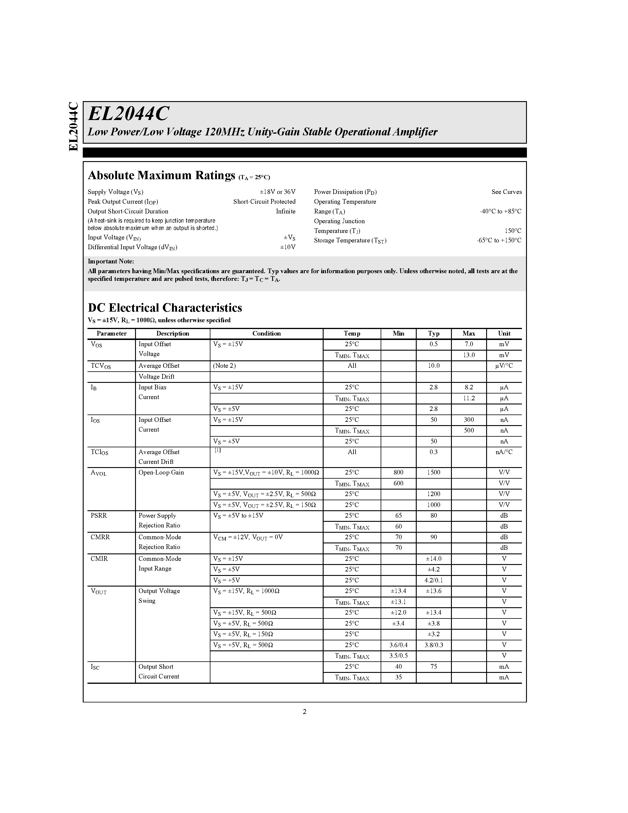 Datasheet EL2044CN page 2 Datasheet EL2044CN - Low Power/Low Voltage 120MHz Unity-Gain Stable Operational Amplifier page 2
