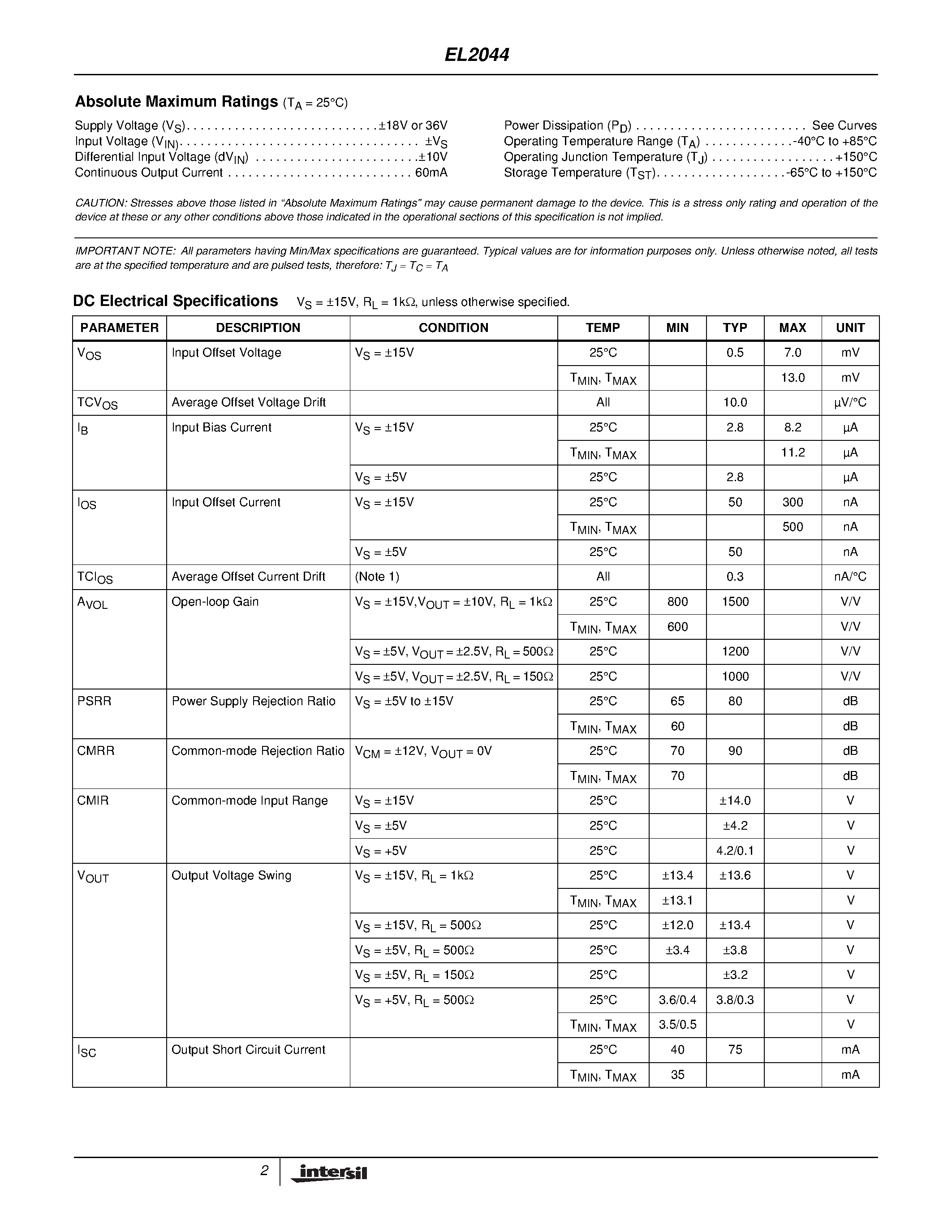 Datasheet EL2044CS-T7 page 2 Datasheet EL2044CS-T7 - Low Power/Low Voltage 120MHz Unity-Gain Stable Operational Amplifier page 2