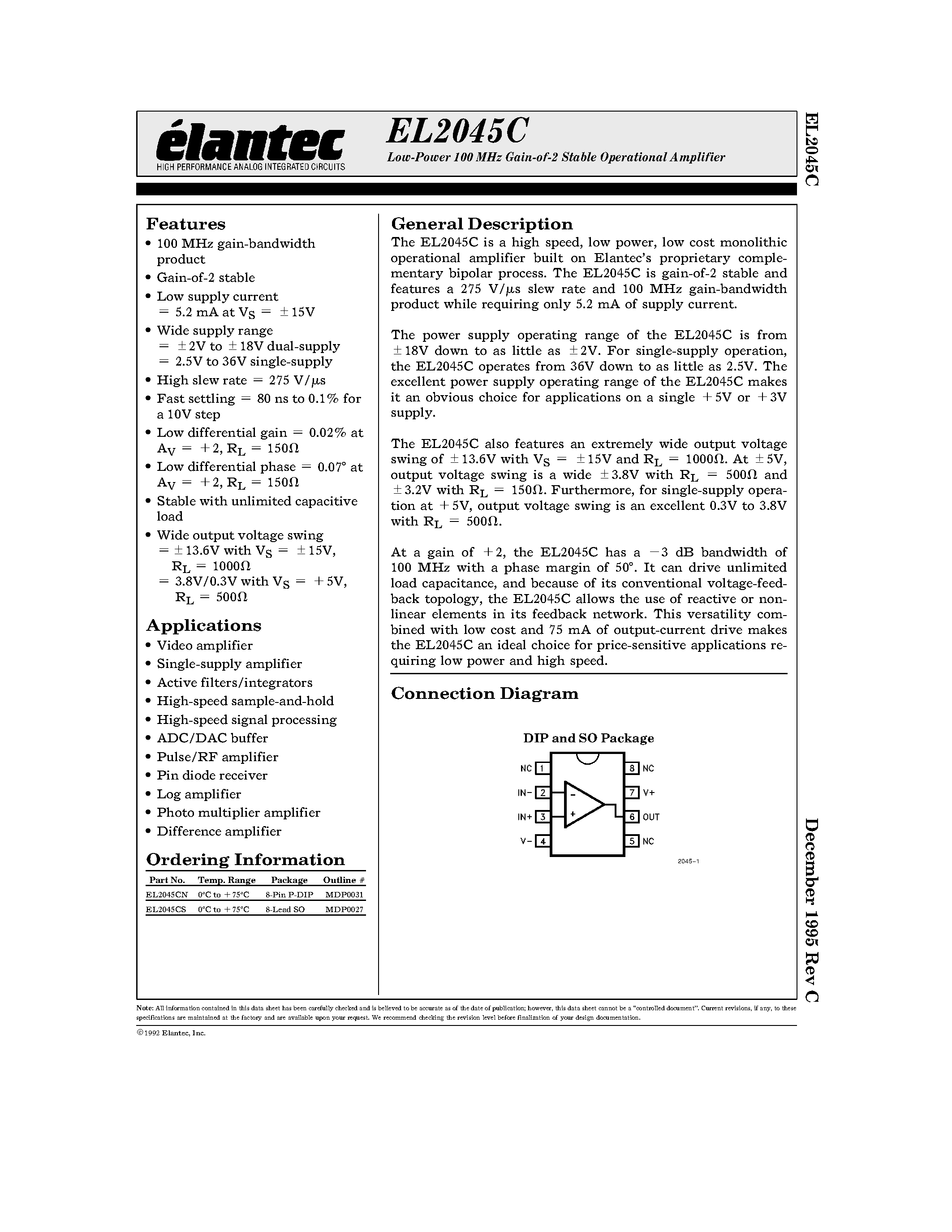 Datasheet EL2045CS - Low-Power 100 MHz Gain-of-2 Stable Operational Amplifier page 1