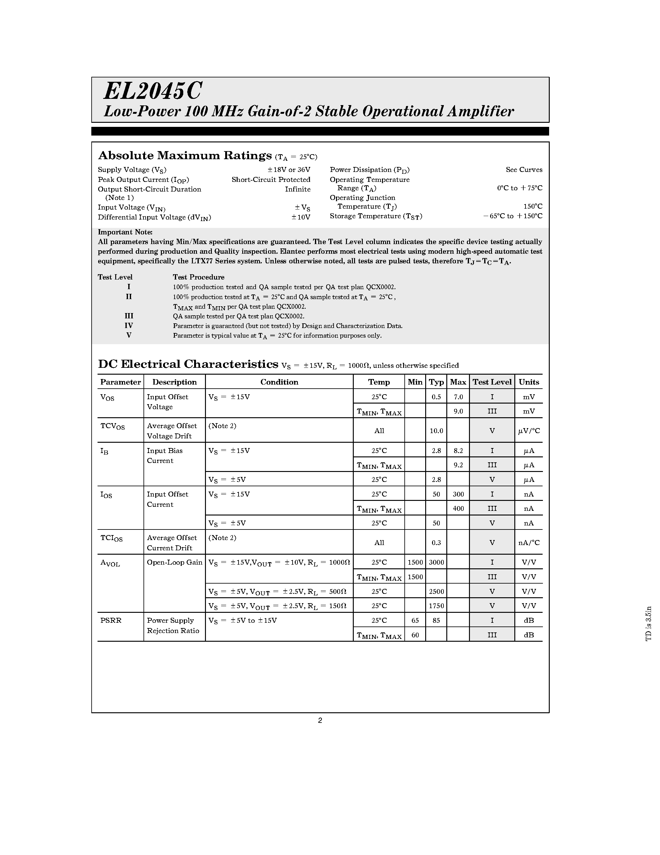 Datasheet EL2045CS - Low-Power 100 MHz Gain-of-2 Stable Operational Amplifier page 2