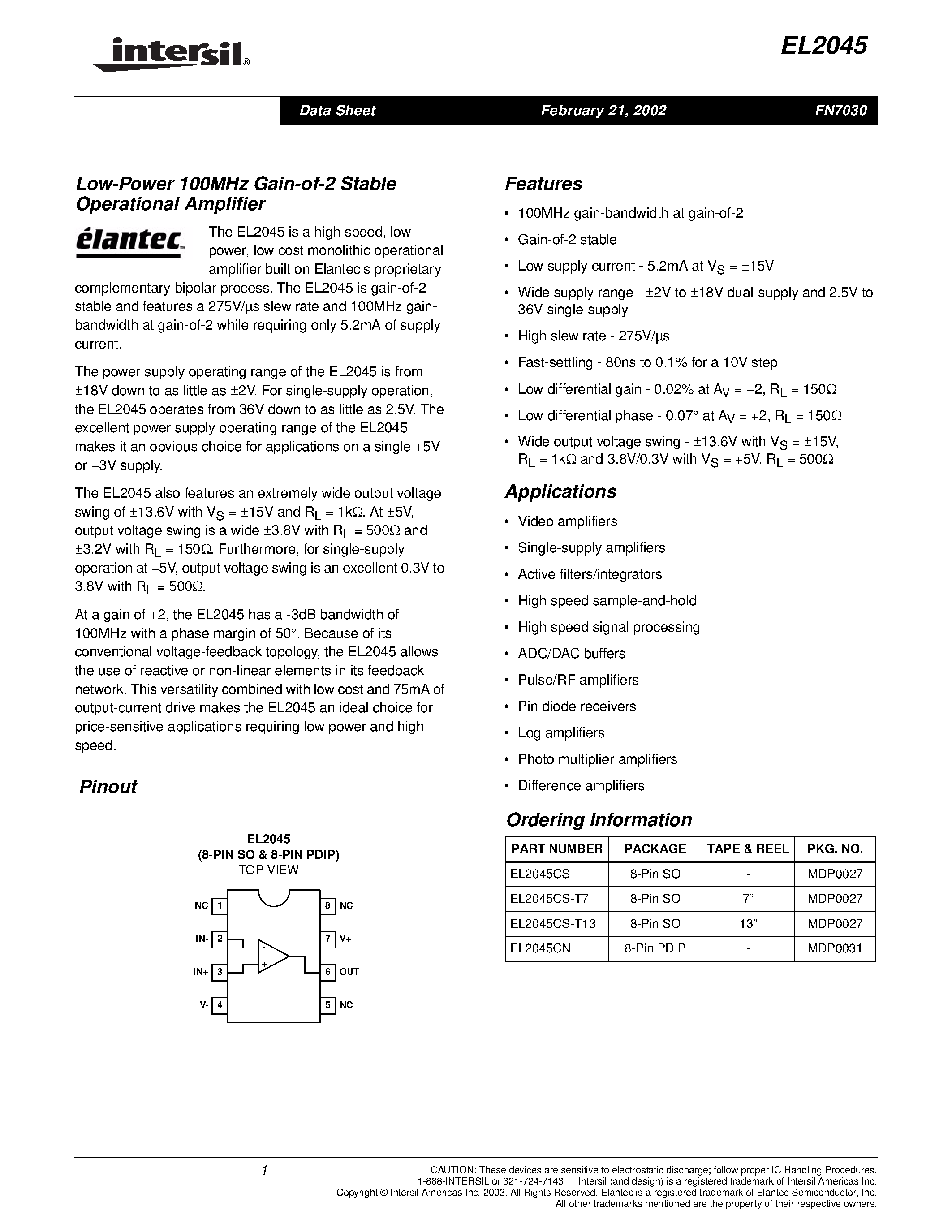 Datasheet EL2045CS-T13 - Low-Power 100MHz Gain-of-2 Stable Operational Amplifier page 1