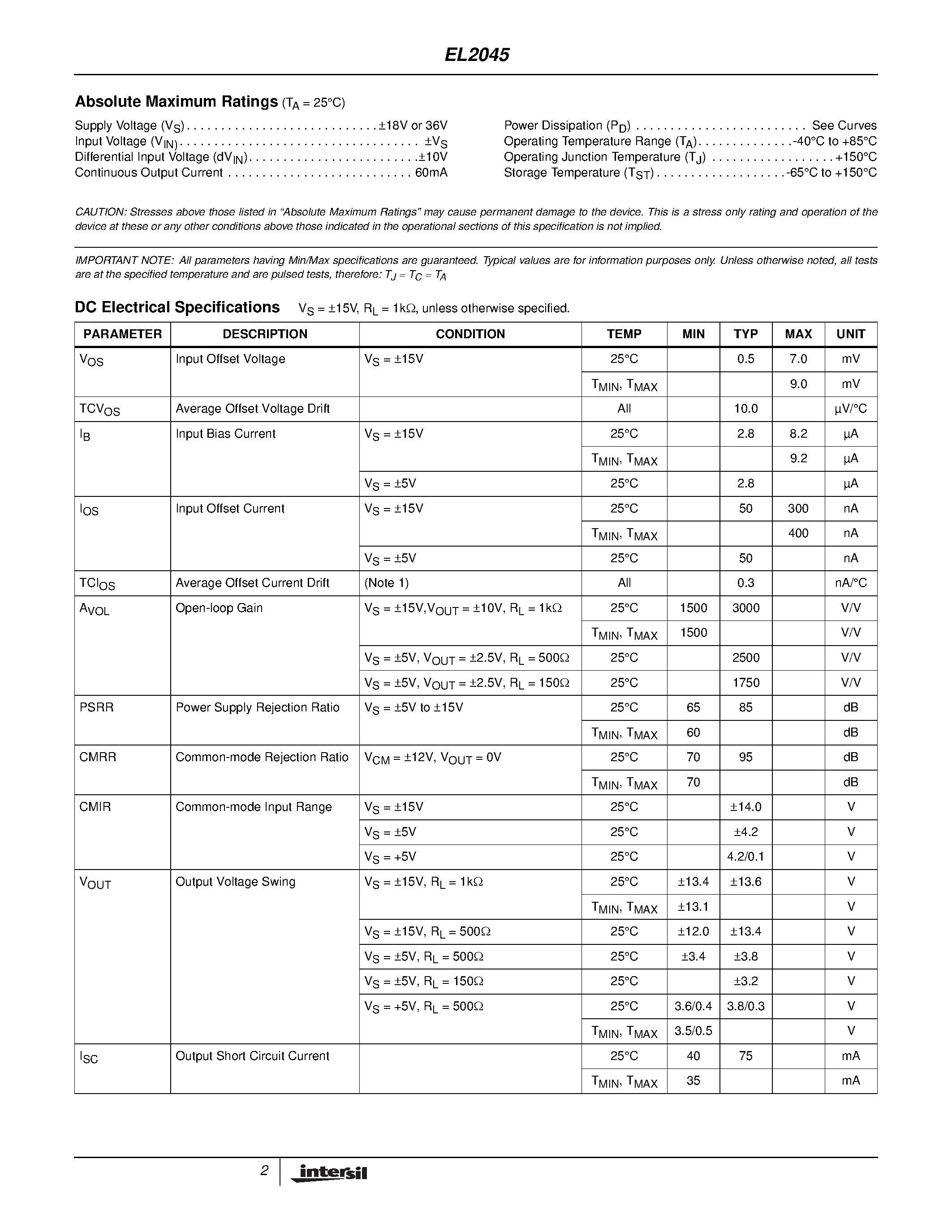 Datasheet EL2045CS-T7 - Low-Power 100MHz Gain-of-2 Stable Operational Amplifier page 2