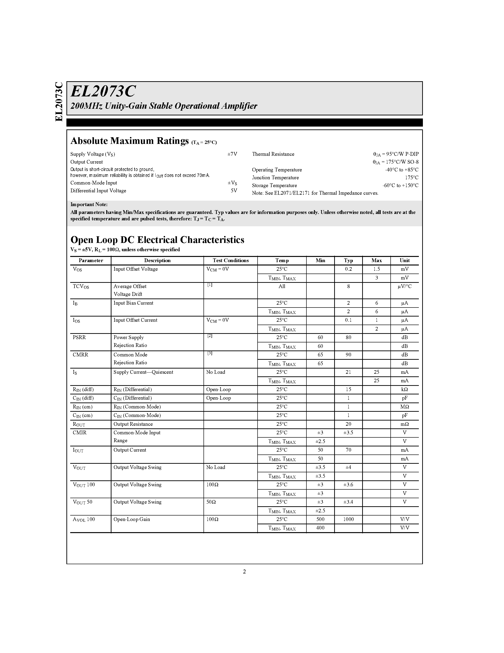 Datasheet EL2073C page 2 Datasheet EL2073C - 200MHz Unity-Gain Stable Operational Amplifier page 2
