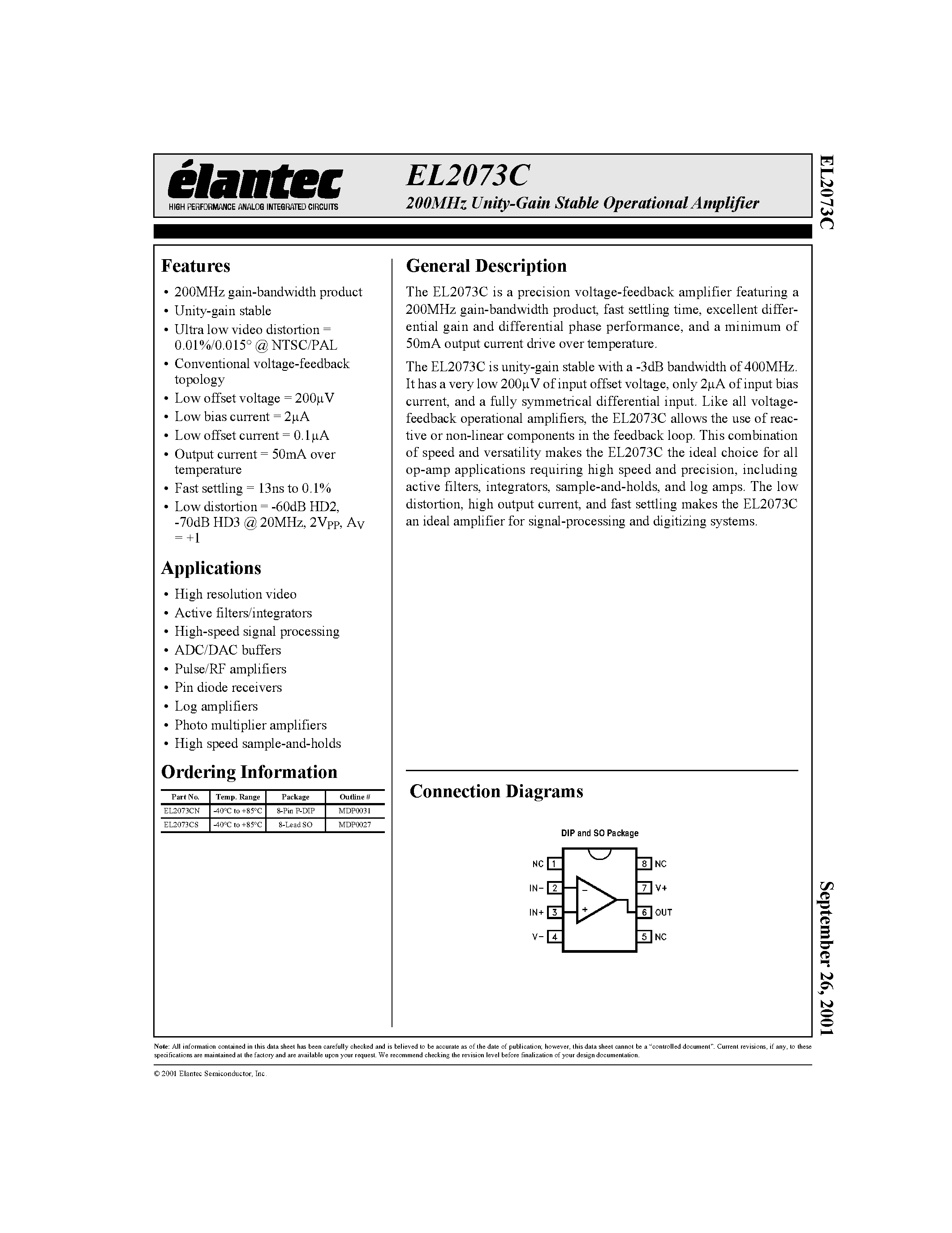 Datasheet EL2073CN page 1 Datasheet EL2073CN - 200MHz Unity-Gain Stable Operational Amplifier page 1