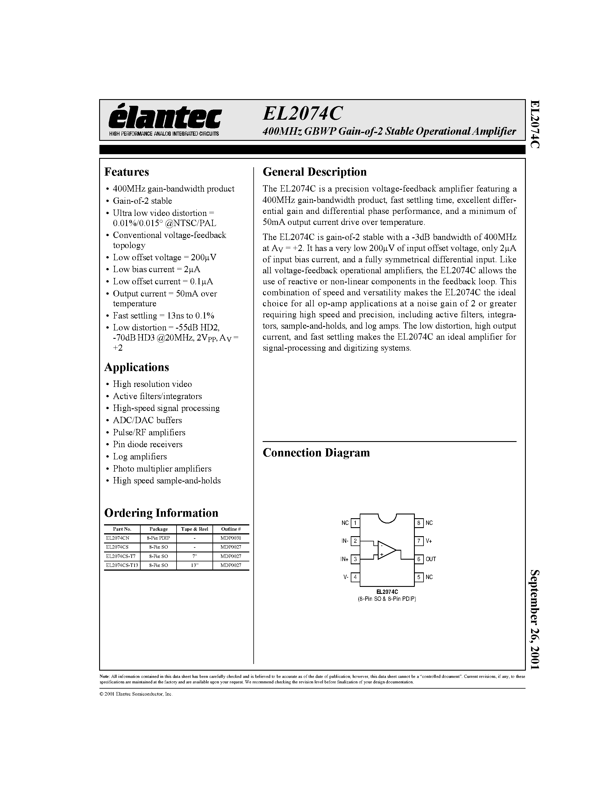 Datasheet EL2074C - 400MHz GBWP Gain-of-2 Stable Operational Amplifier page 1
