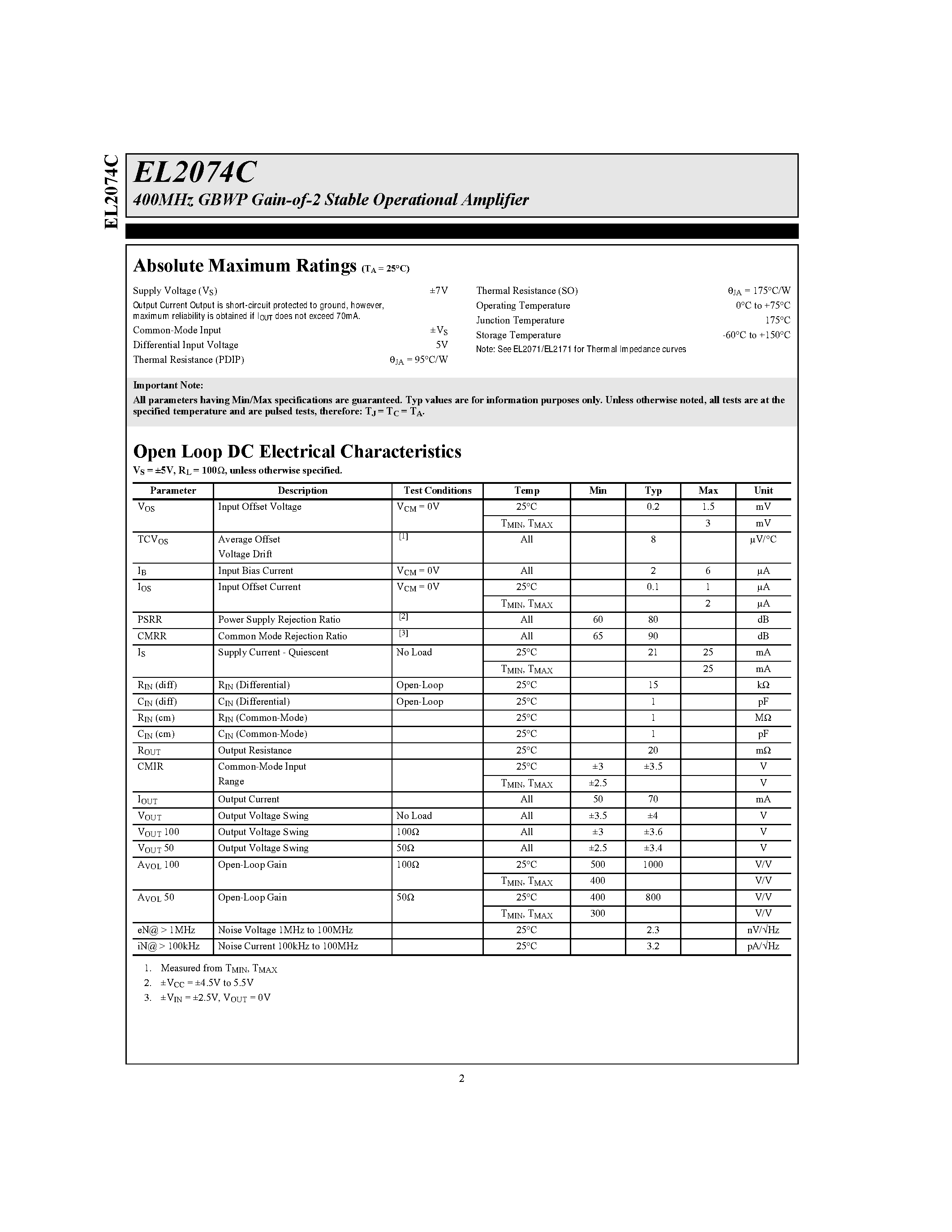 Datasheet EL2074C - 400MHz GBWP Gain-of-2 Stable Operational Amplifier page 2