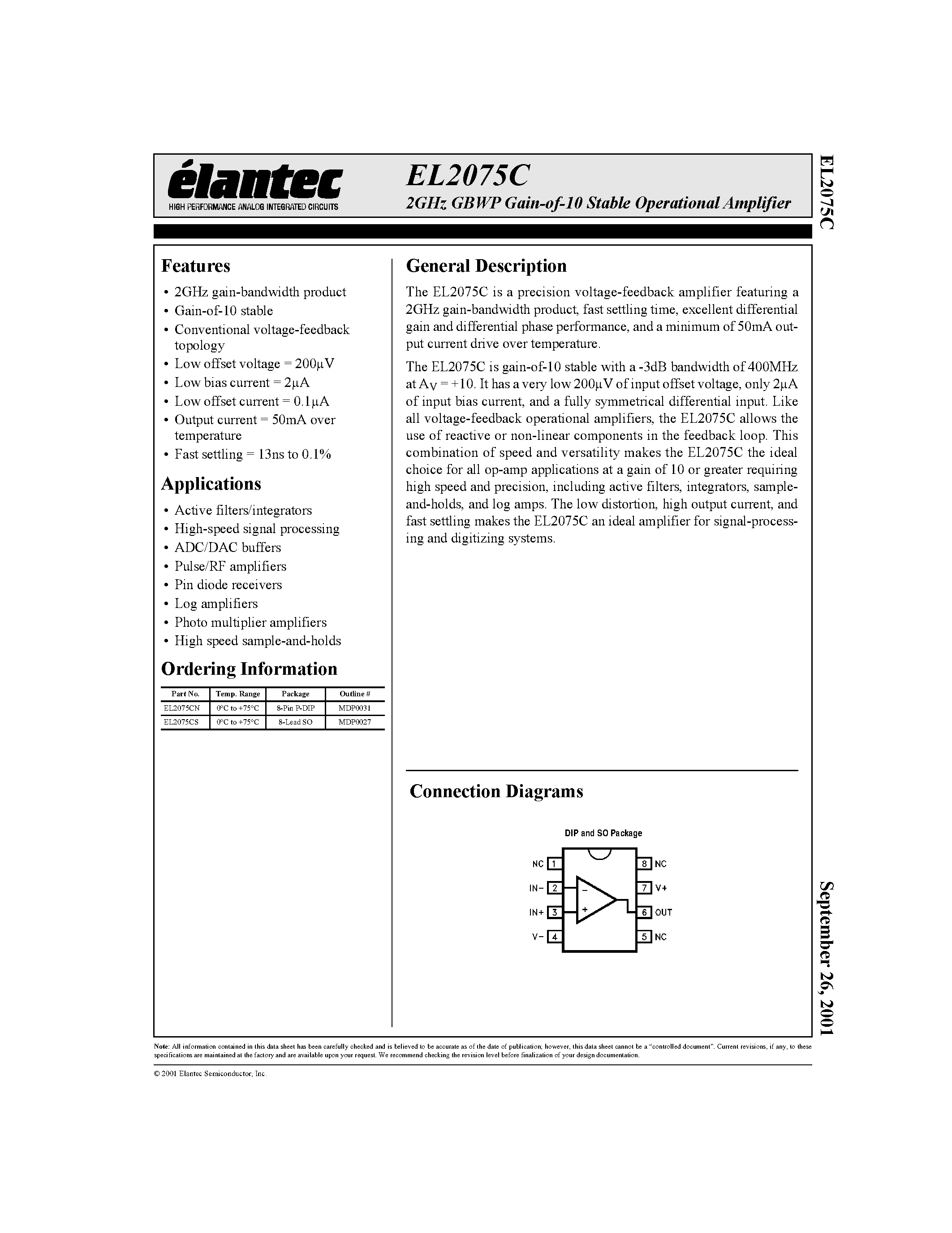 Datasheet EL2075CS page 1 Datasheet EL2075CS - 2GHz GBWP Gain-of-10 Stable Operational Amplifier page 1