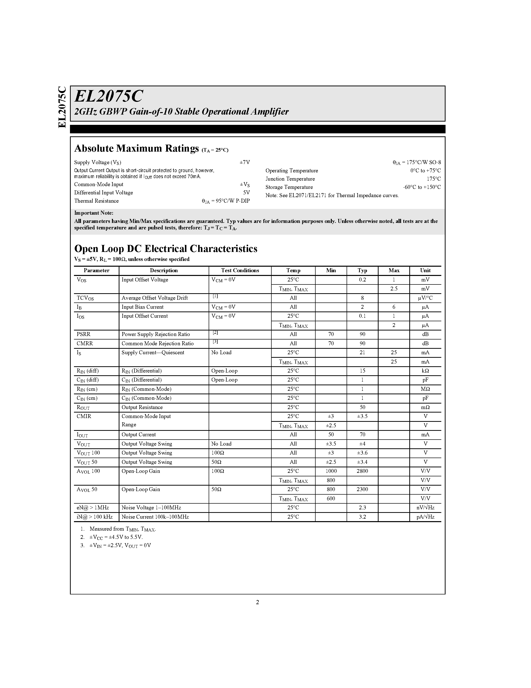 Datasheet EL2075CS page 2 Datasheet EL2075CS - 2GHz GBWP Gain-of-10 Stable Operational Amplifier page 2